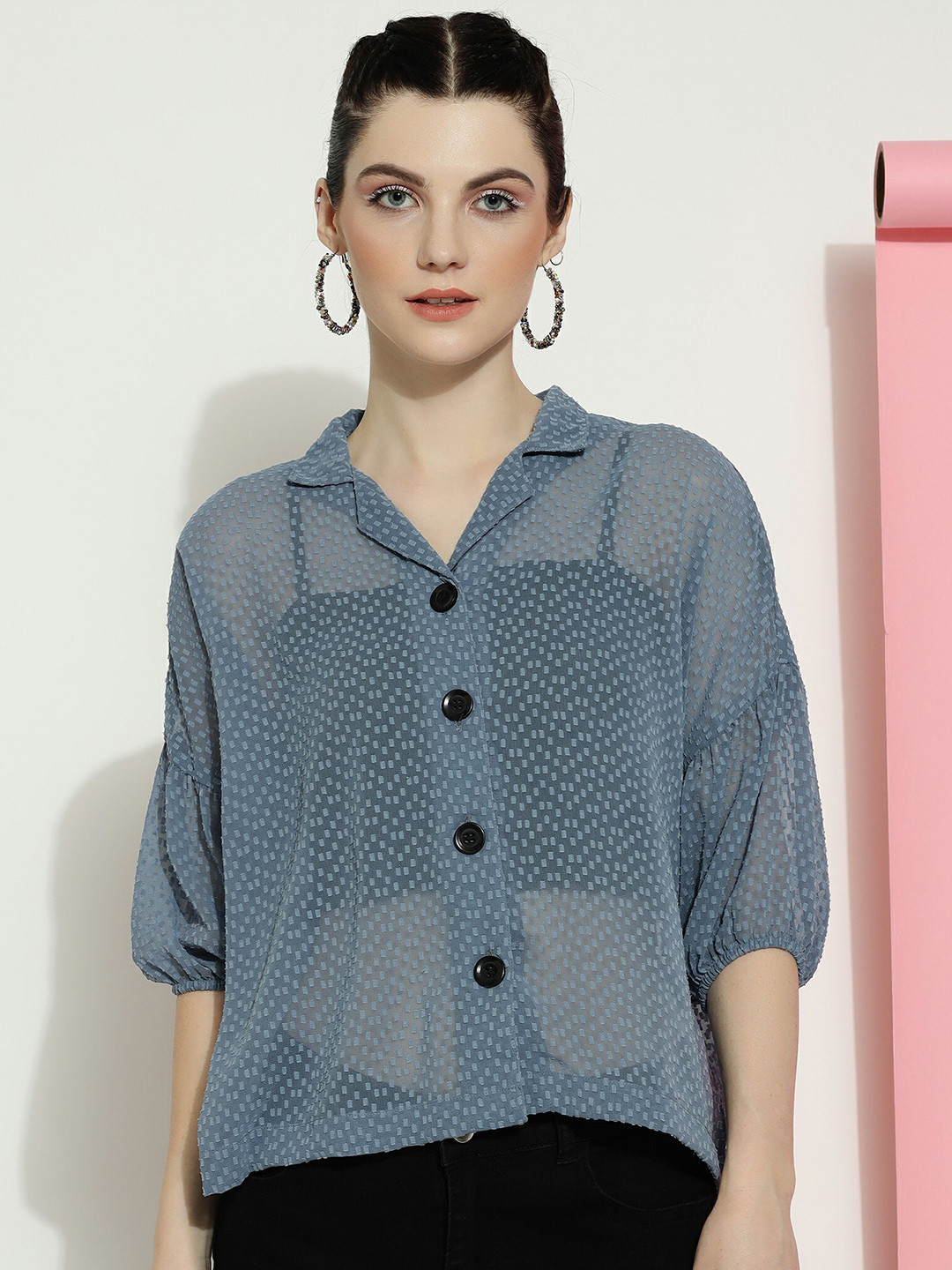 CLEMIRA Self Design Extended Sleeves Shirt Style Top