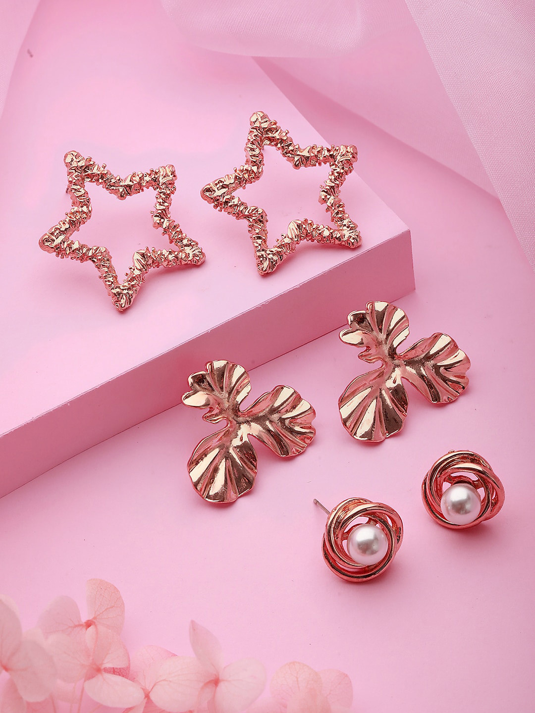 Jazz and Sizzle Set Of 3 Rose Gold-Plated Star, Floral & Circular Shaped Studs