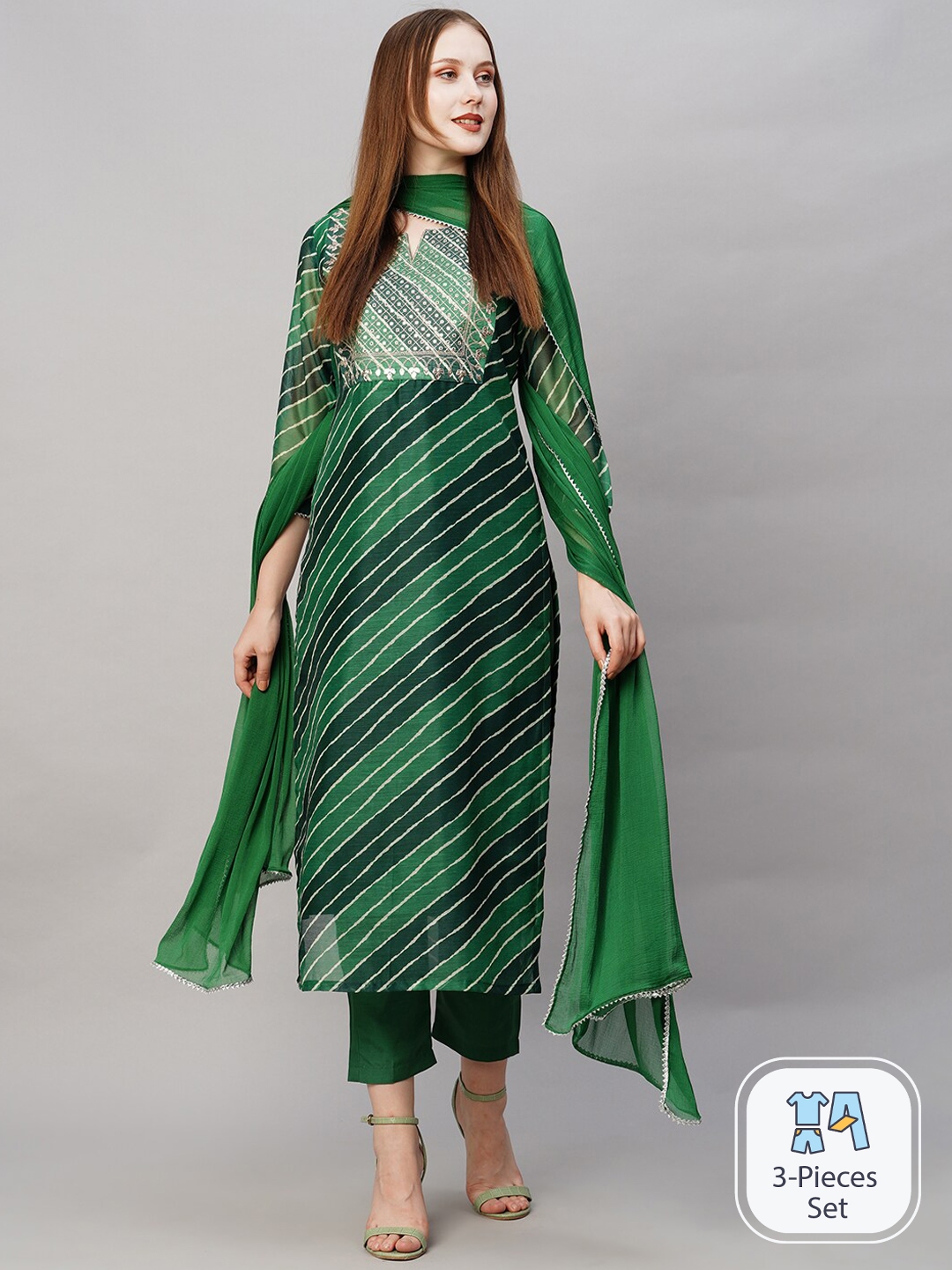 KALINI Leheriya Printed Thread Work Kurta With Trousers & Dupatta - Kurta Sets for Women 24467544 | Myntra