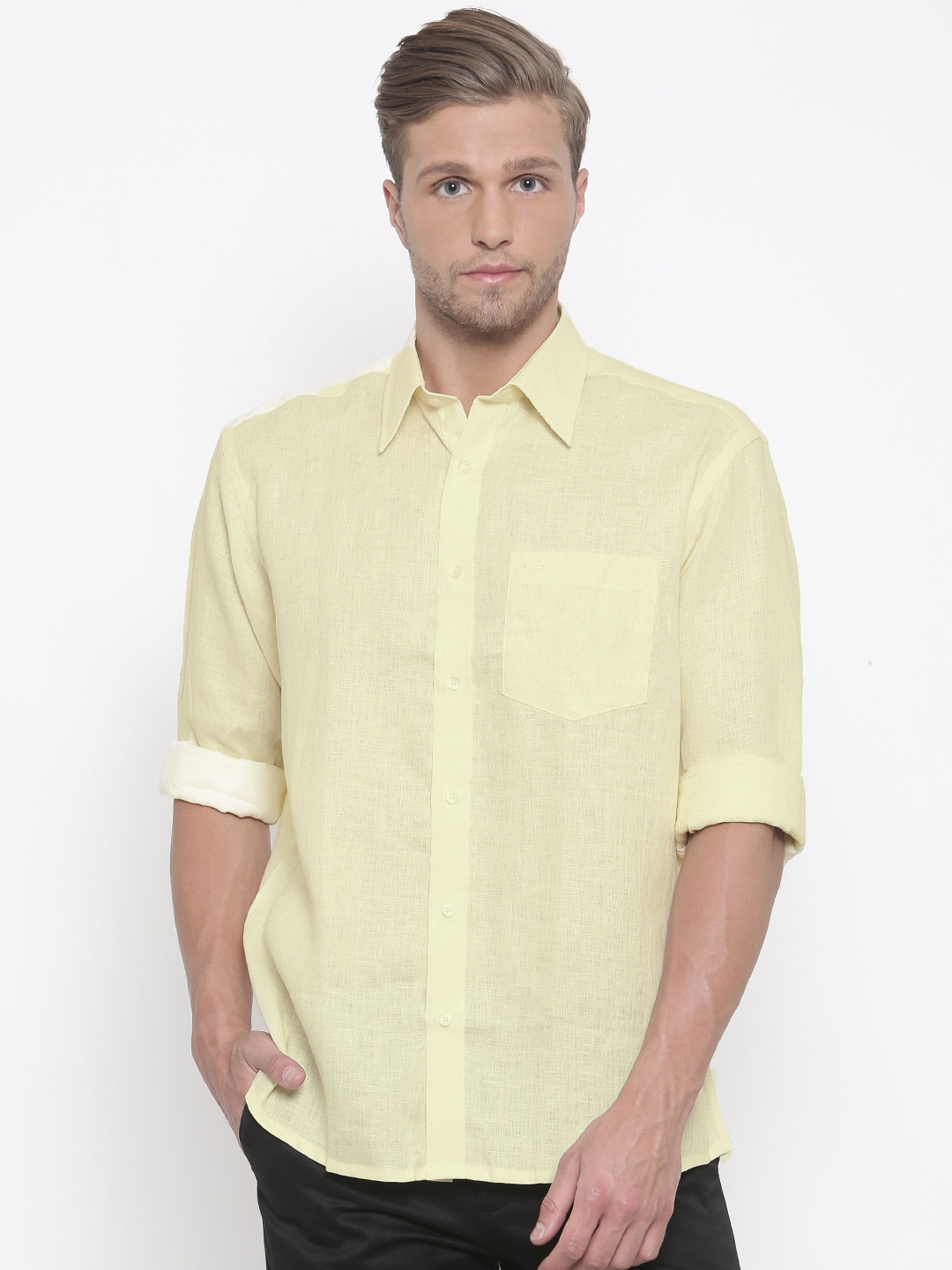 ColorPlus Men Yellow Classic Fit Solid Linen Casual Shirt