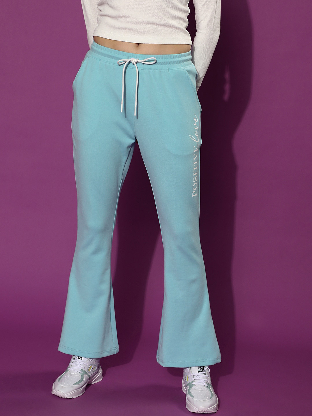 JUNEBERRY Women Blue Mid Rise Flared Fit Pure Cotton Trackpants
