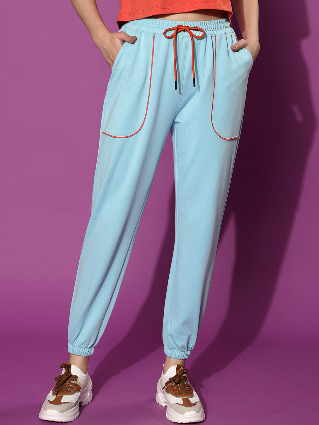 JUNEBERRY Women Sky Blue Mid Rise Relaxed Fit Pure Cotton Joggers