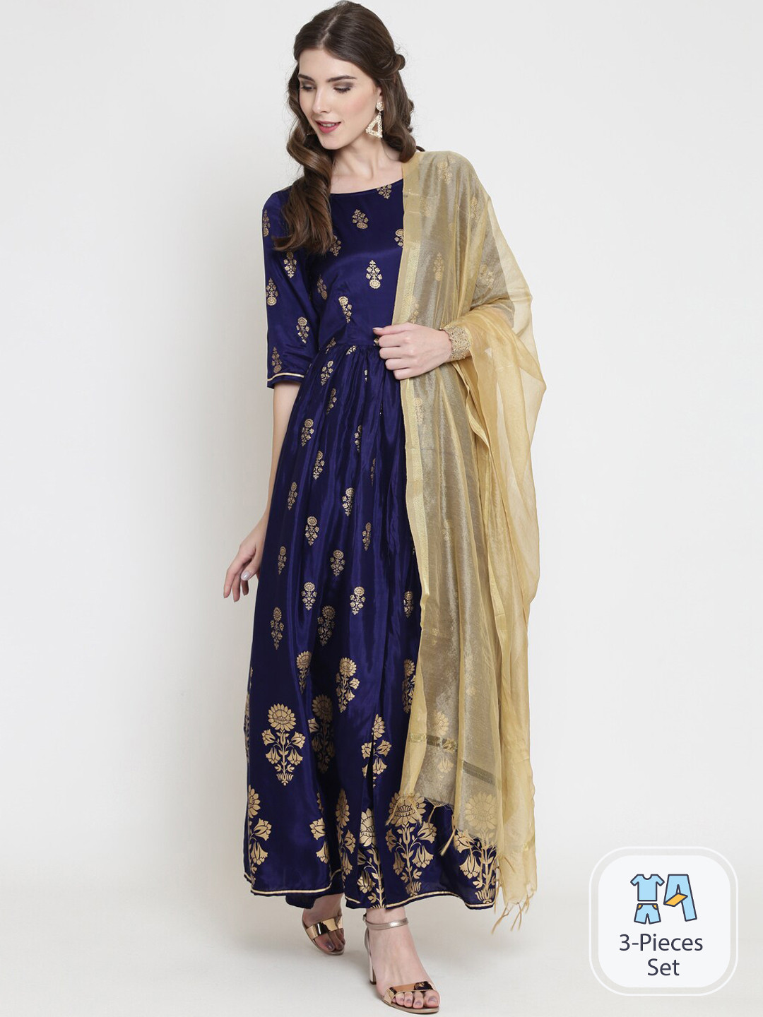 Sera Women Blue & Gold Toned Ethnic Printed Boat Neck Taffeta Silk Anarkali Kurta