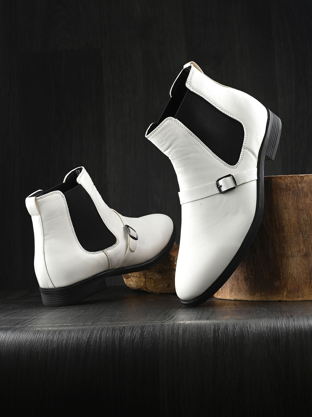 The Roadster Lifestyle Co. Men White Mid Top Block-Heel Chelsea Boots With Buckle Detail