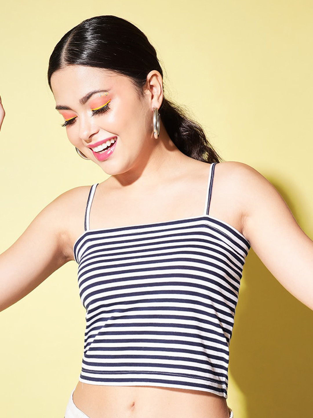 Trend Arrest Horizontal Stripes Striped Shoulder Straps Cotton Crop Top
