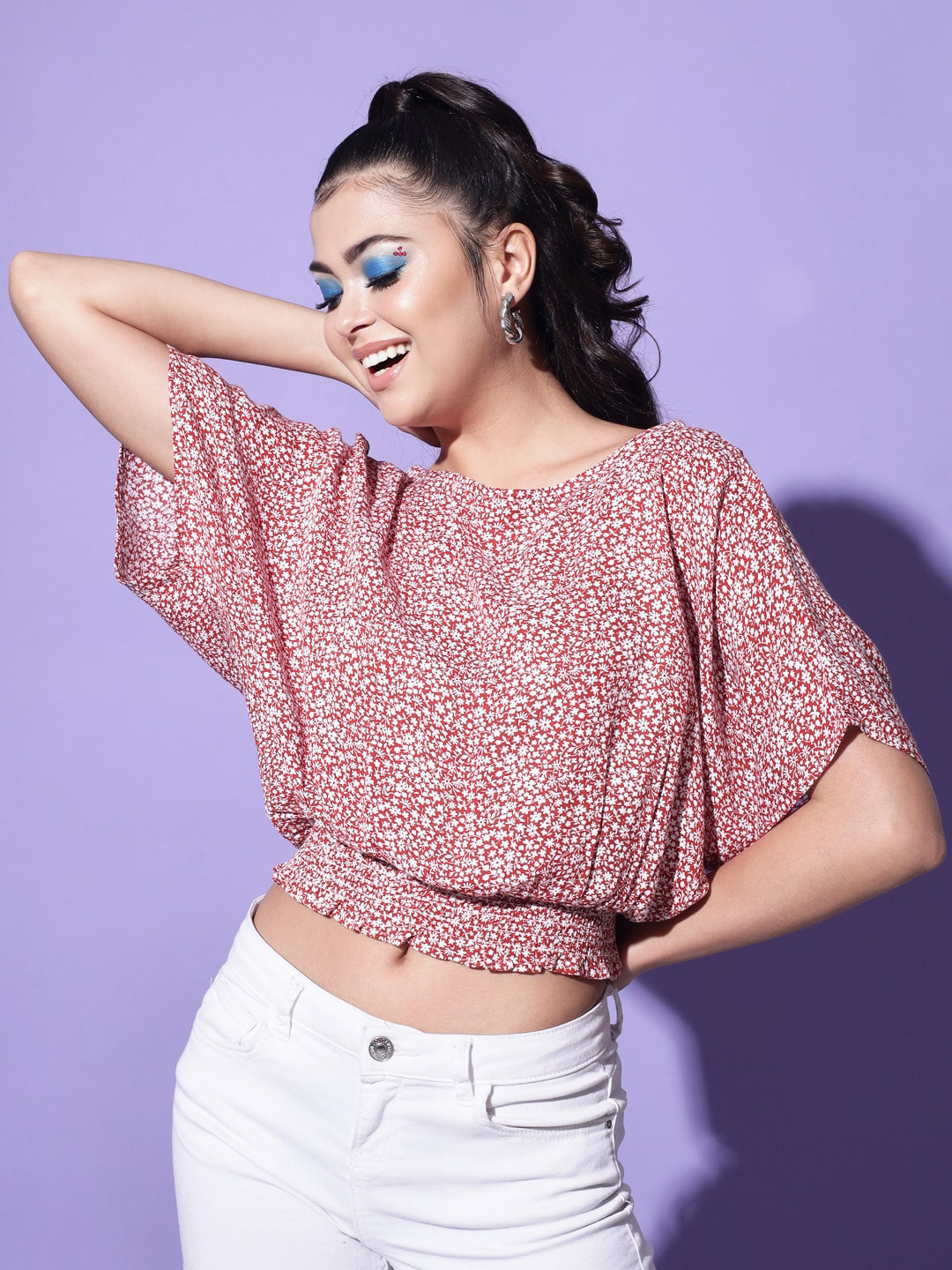 Trend Arrest Floral Printed Kimono Sleeve Smocked Blouson Crop Top