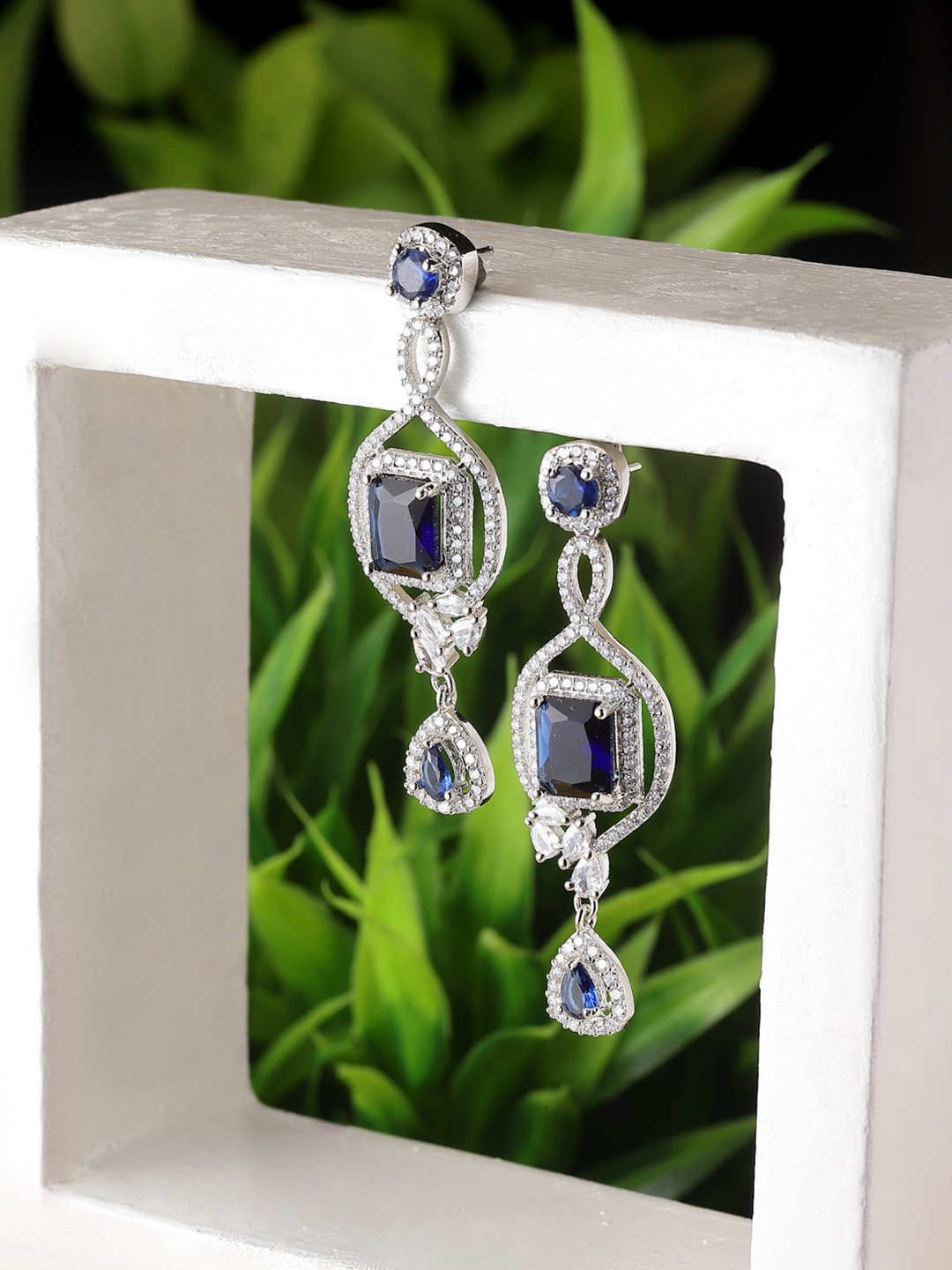 ZENEME Rhodium-Plated AD Studded Square Dangler Earrings