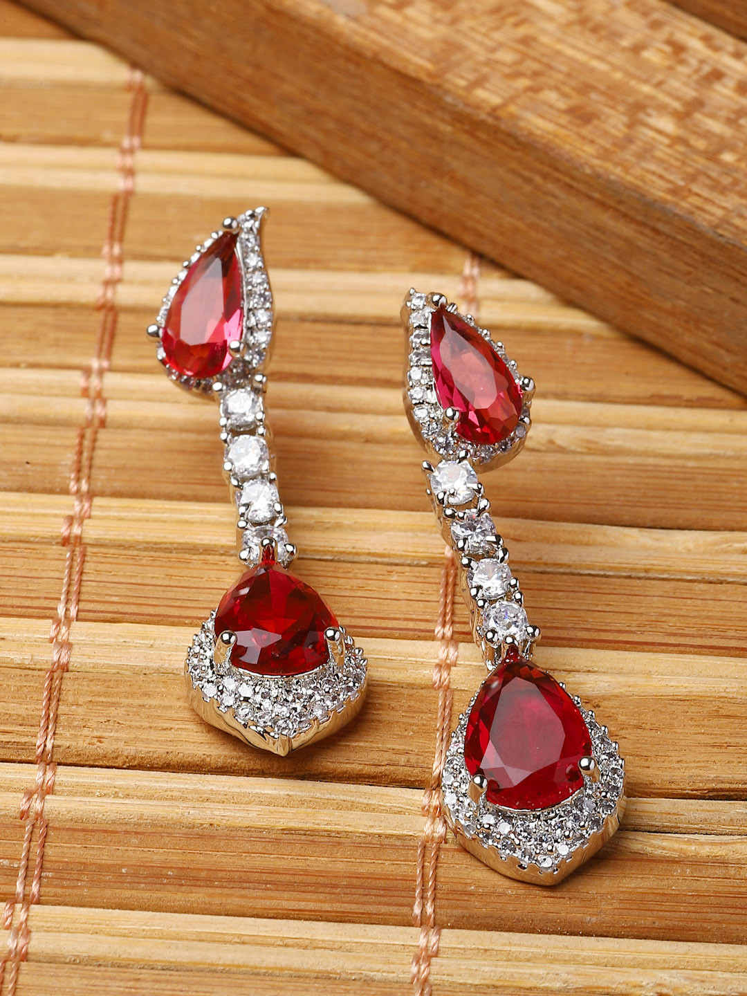 ZENEME Rhodium-Plated Teardrop Shaped Drop Earrings