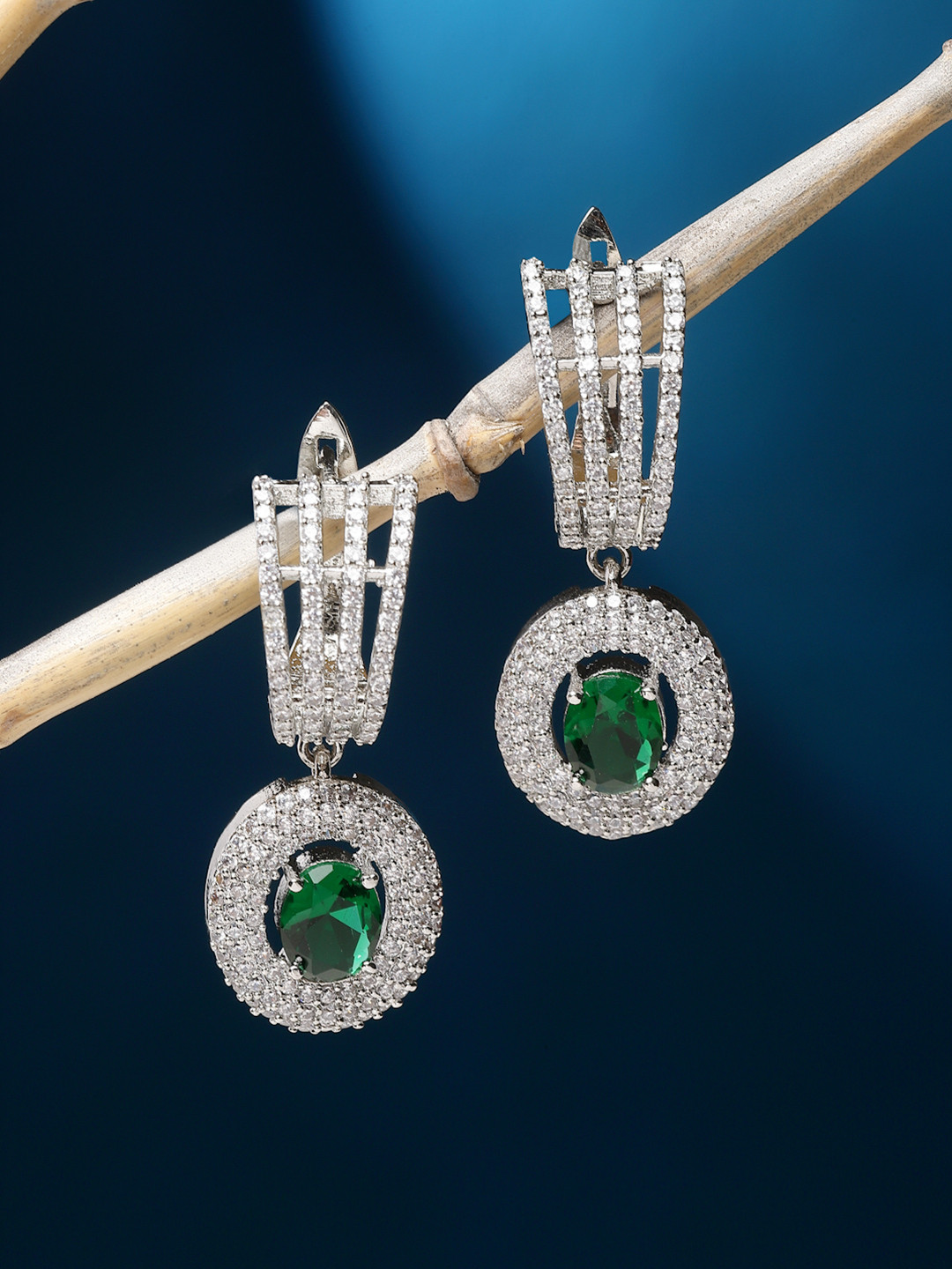 Rhodium-Plated American Diamond Emerald Green Oval Shaped Drop Earrings