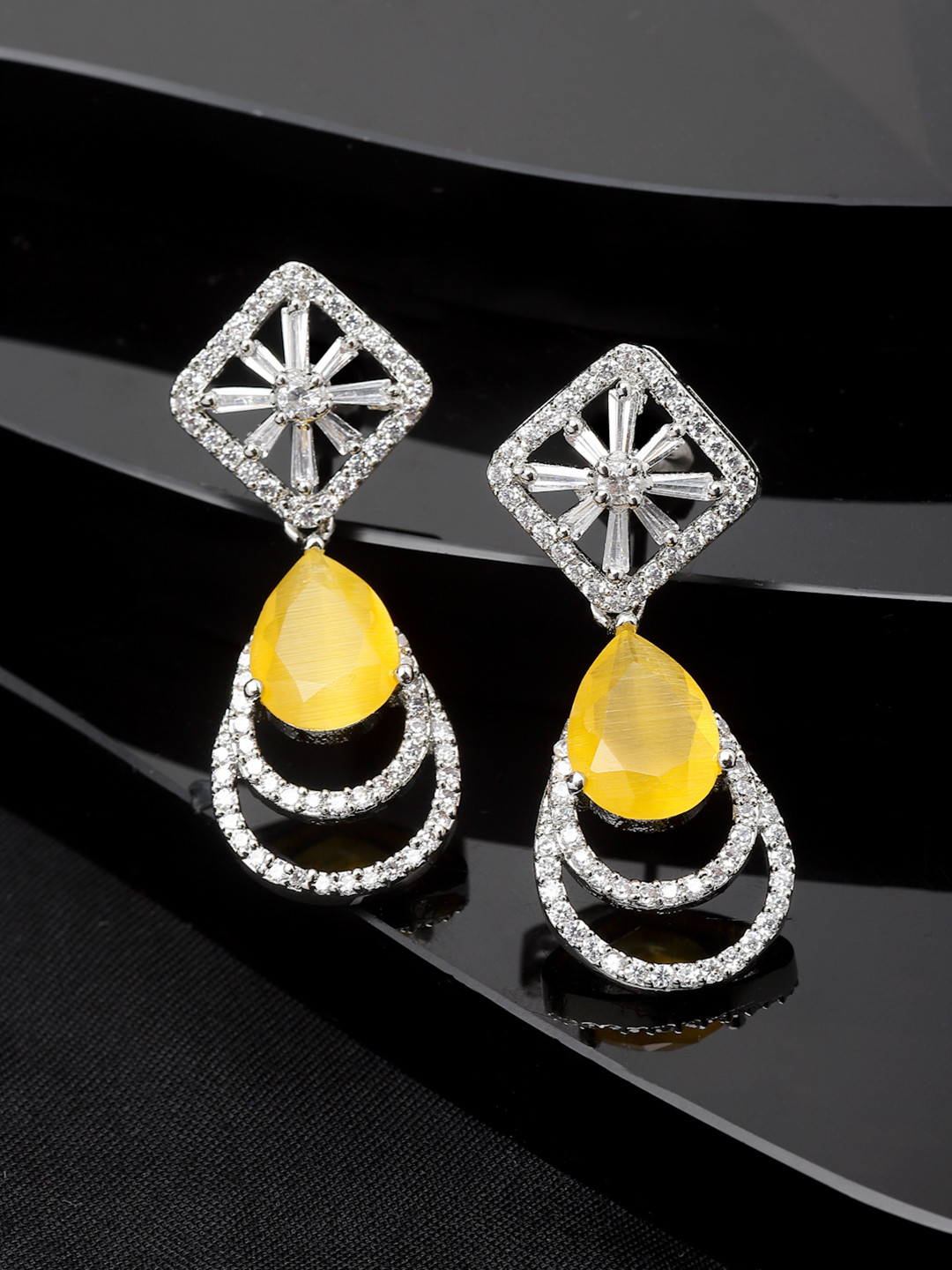Rhodium Plated Yellow Teardrop Shaped American Diamond Studded Drop Earrings