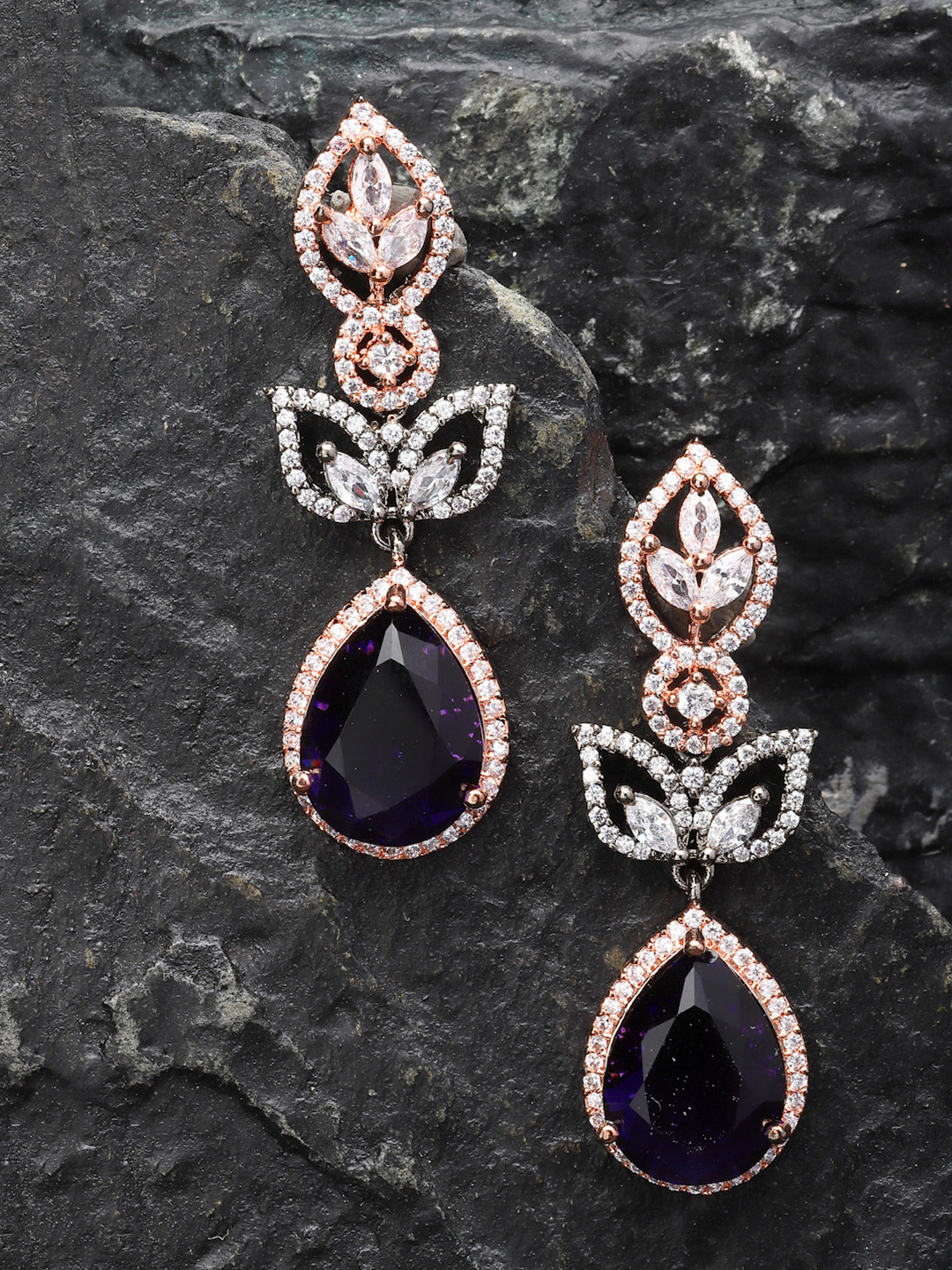 ZENEME Rose Gold Gunmetal Toned Teardrop Shaped Violet AD Studded Earrings
