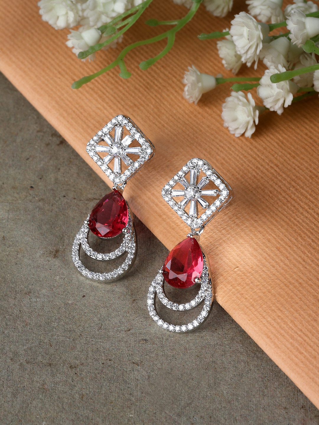 ZENEME Rhodium-Plated  American Diamond Teardrop Shaped Drop Earrings