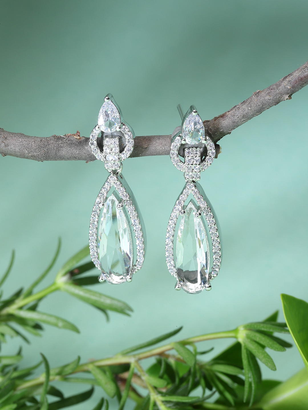 ZENEME Rhodium-Plated American Diamond Teardrop Shaped Drop Earrings