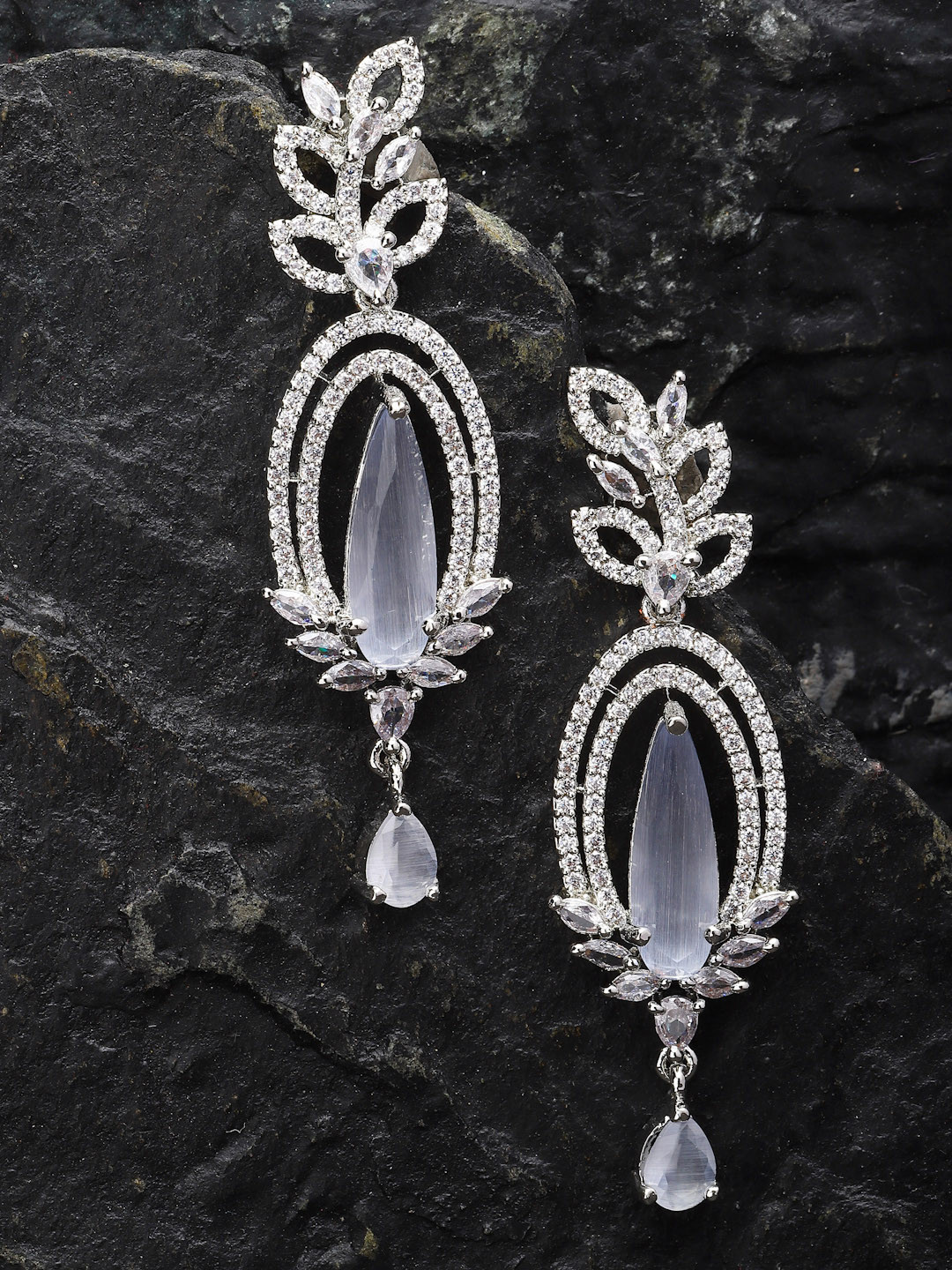 ZENEME Rhodium Plated Silver Toned Nature Inspired Long Teardrop AD Studed Dangler Earrings