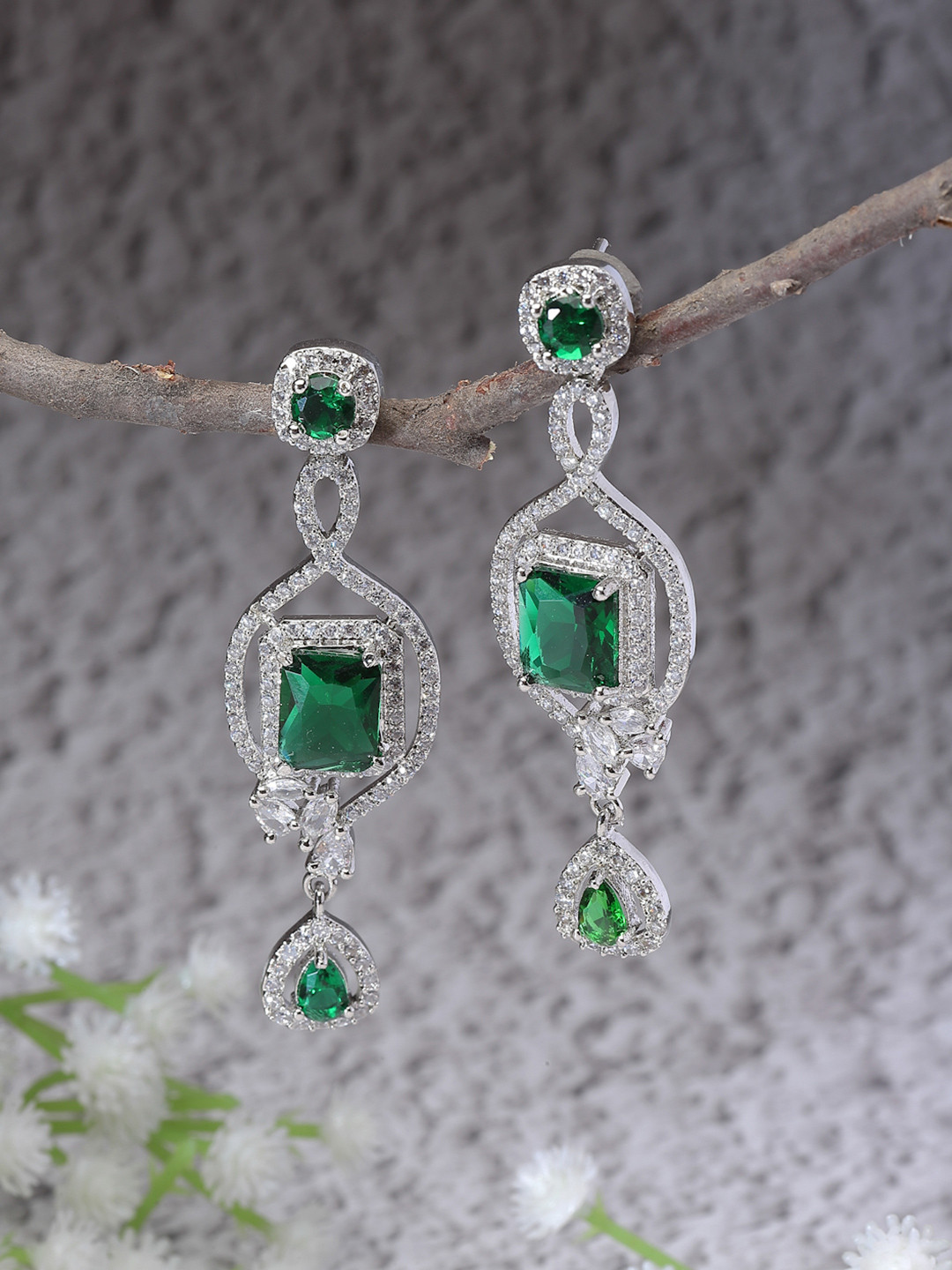 ZENEME Rhodium-Plated American Diamond Square Drop Earrings