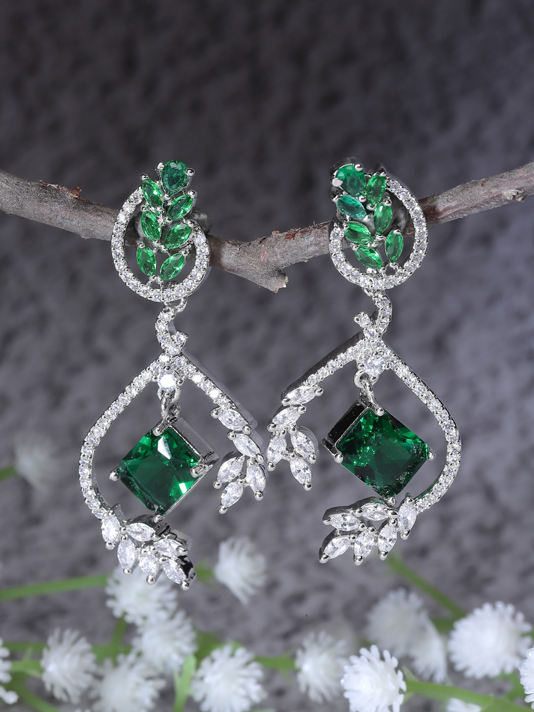 Rhodium-Plated Emerald Green American Diamond Studded Drop Earrings