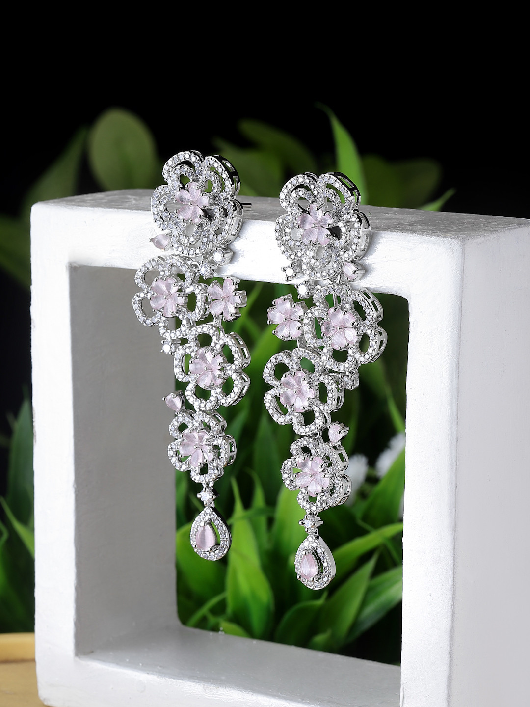 ZENEME Floral American Diamond studded Dangler Earrings
