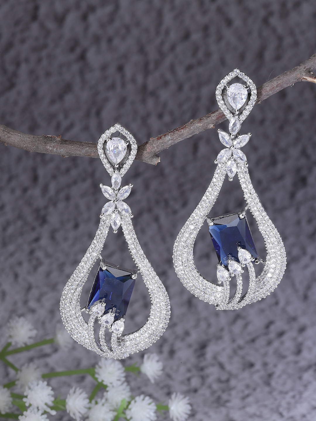 ZENEME Rhodium-Plated American Diamond studded Tear Drop Shaped Drop Earrings