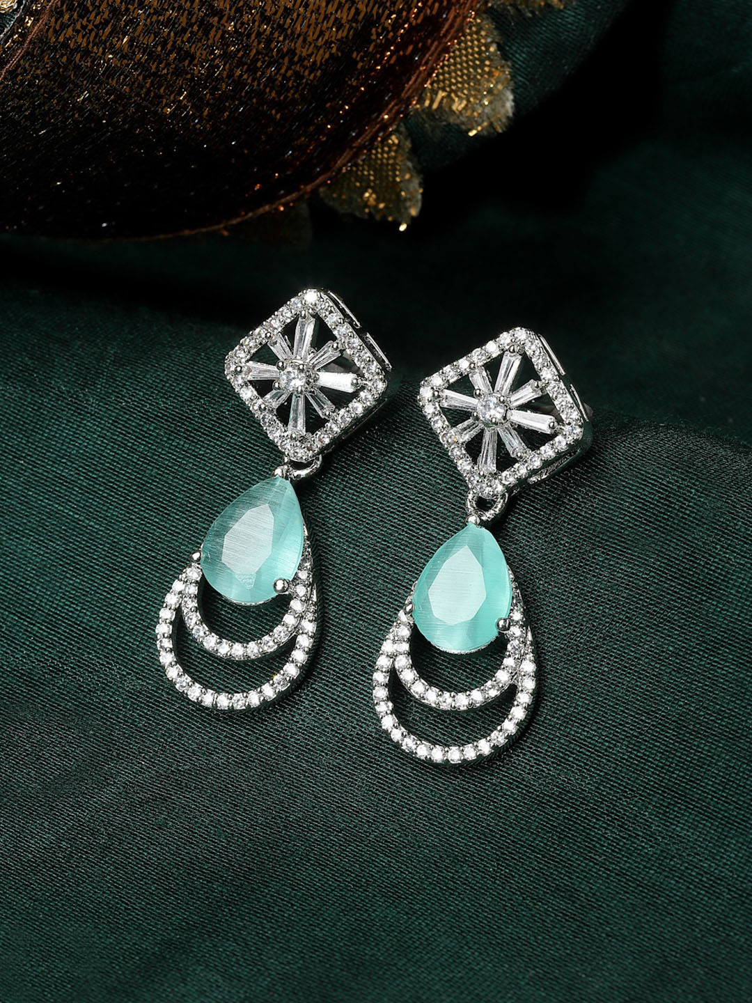 ZENEME Rhodium Plated Teardrop Shaped American Diamond Studded Drop Earrings