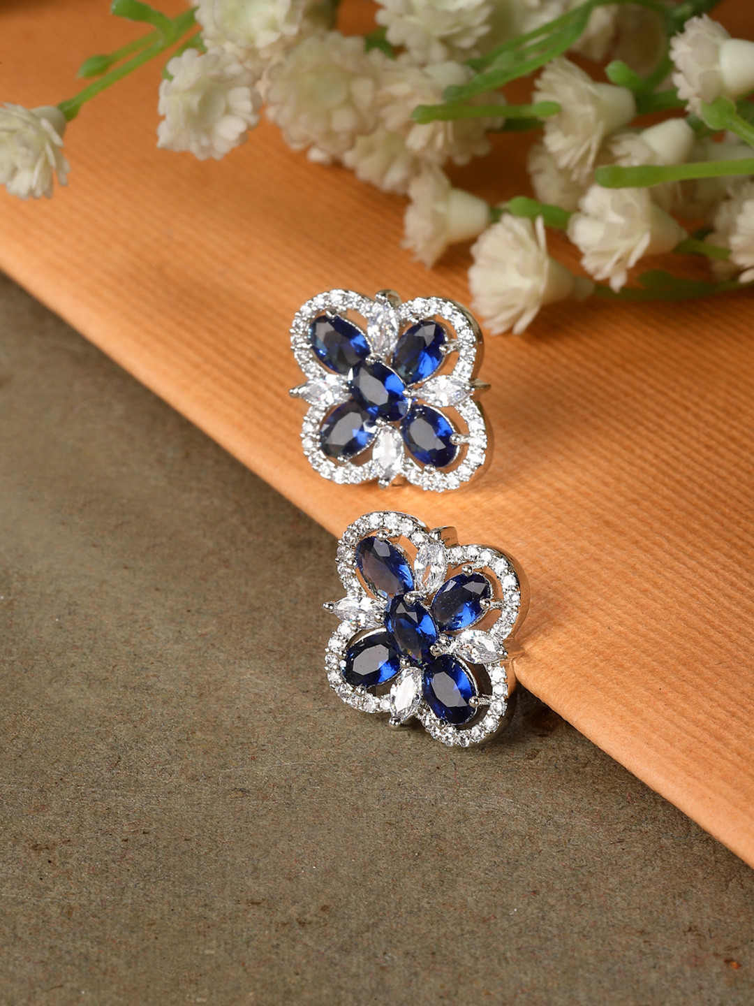 ZENEME Floral Shaped American Diamond Studded Rhodium Plated Stud Earrings