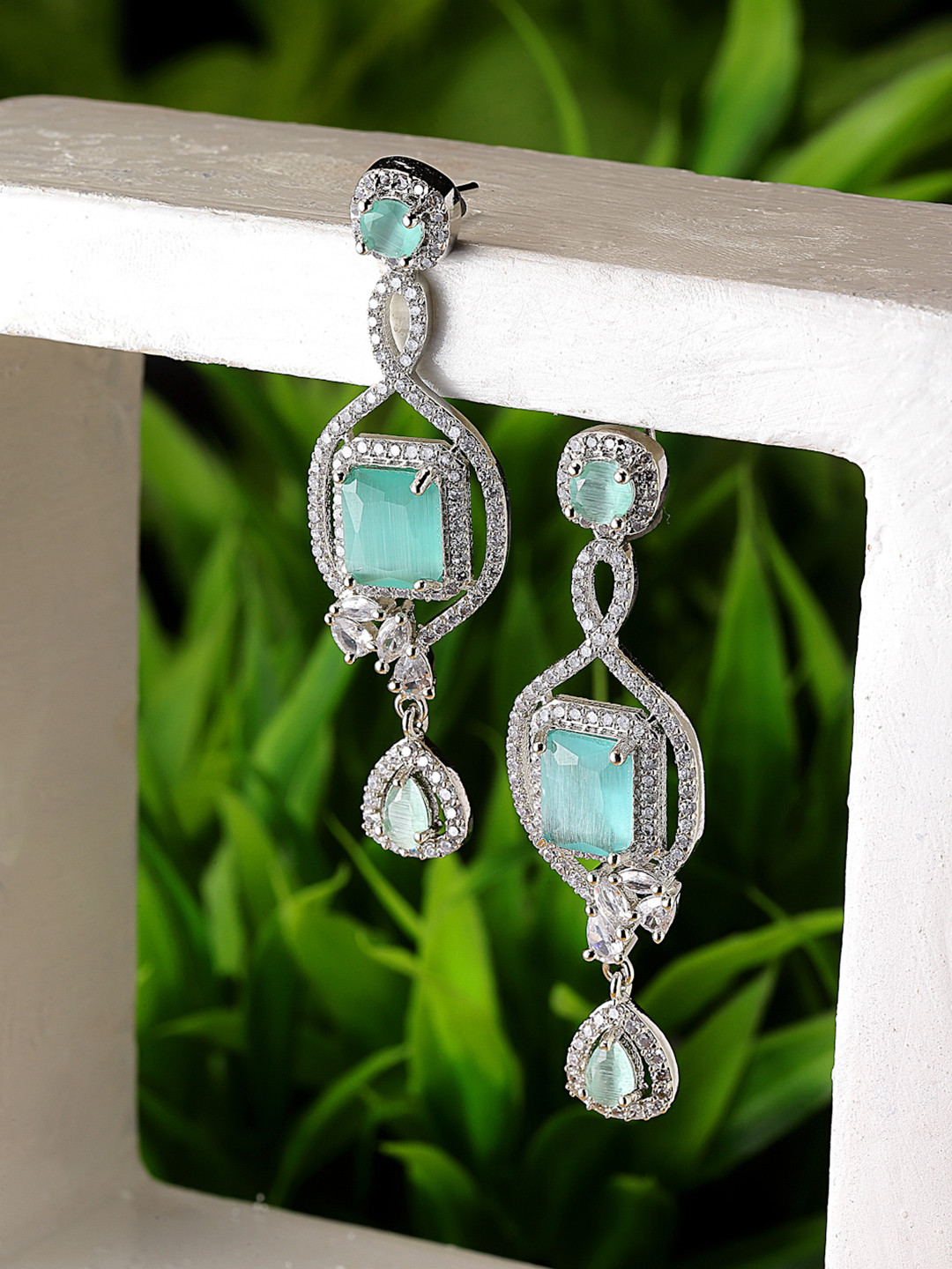 ZENEME Rhodium-Plated AD Studded Square Dangler Earrings