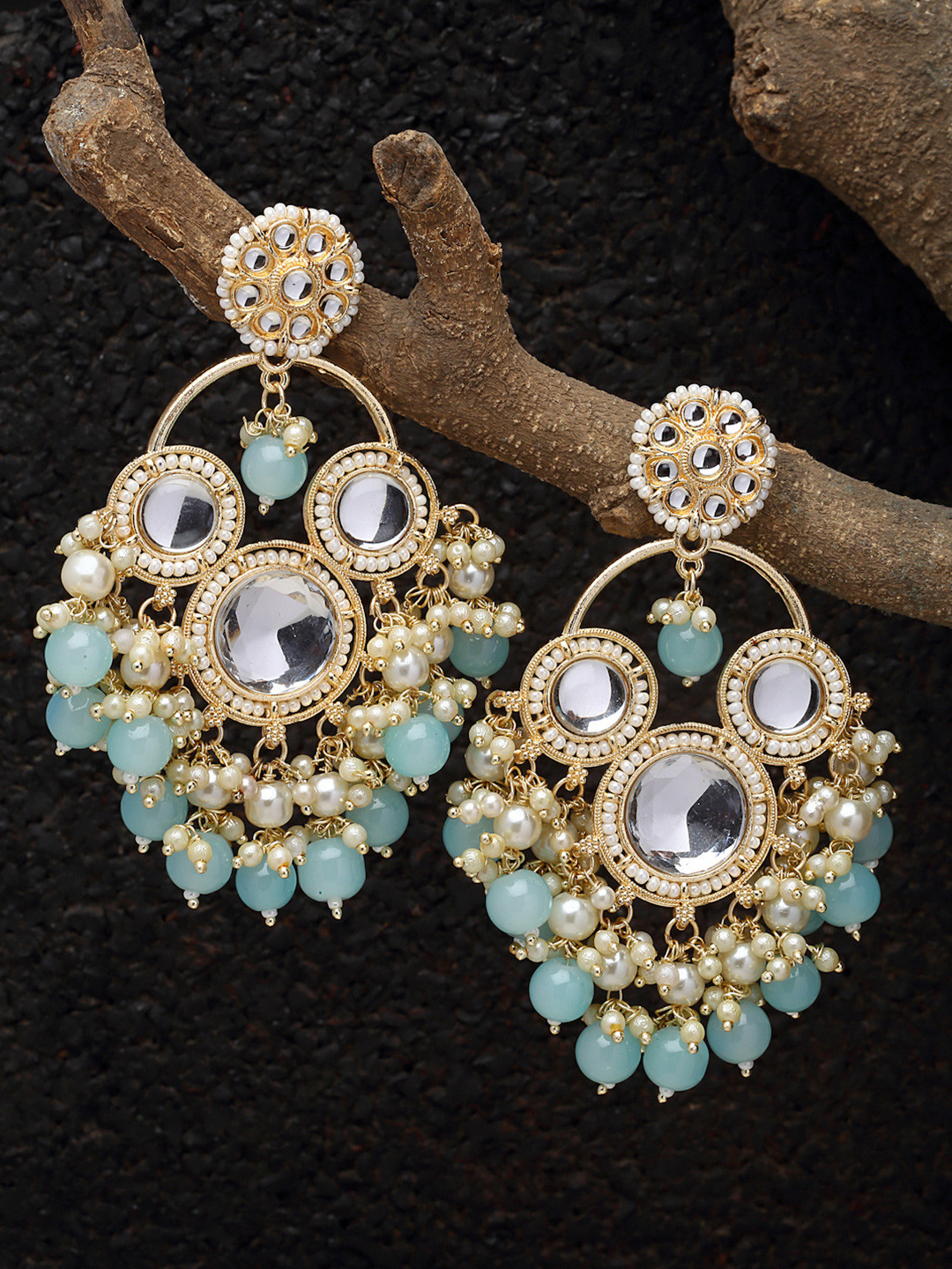 Gold Plated Kundan & Pearl Studded Blue Earrings