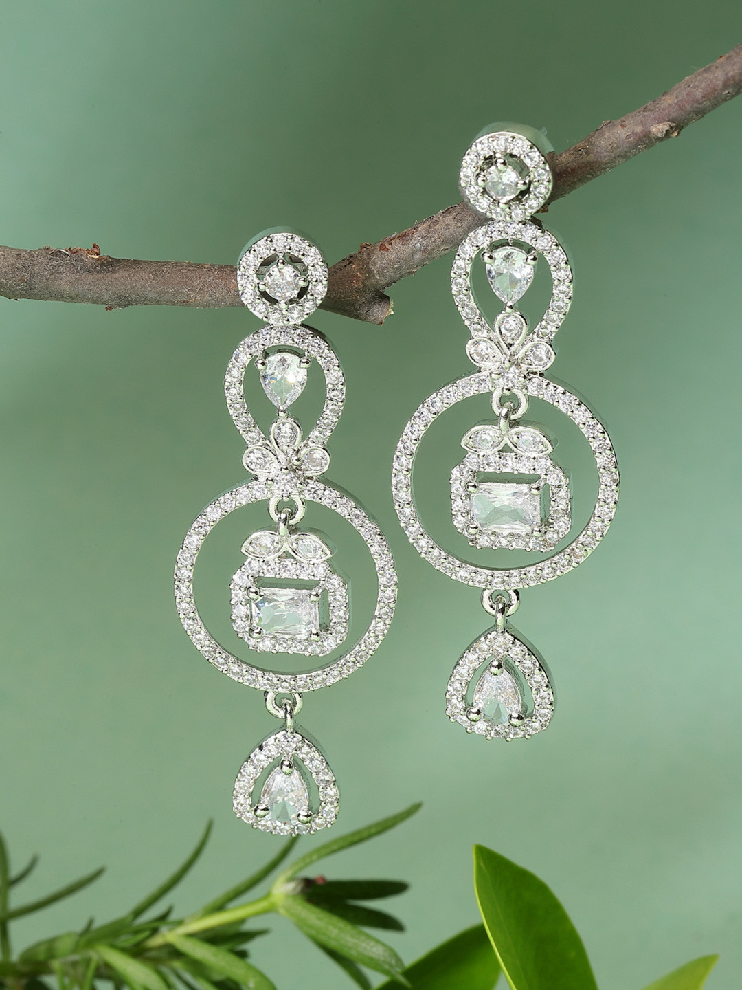 Rhodium-Plated White American Diamond Studded Earrings