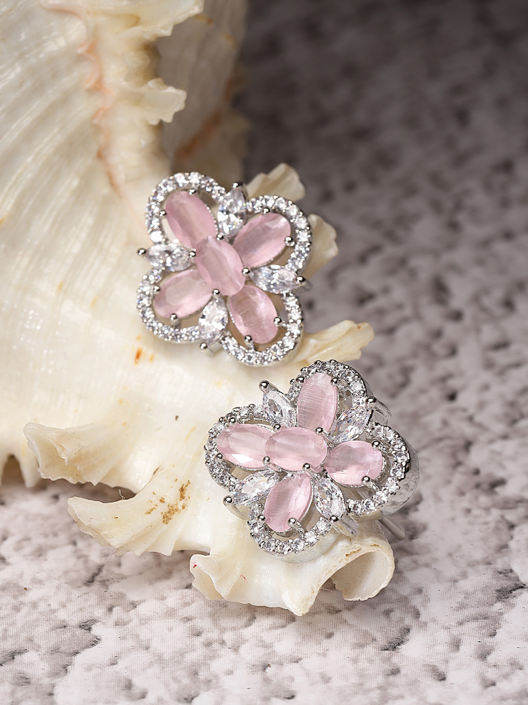 ZENEME Floral Shaped Pink American Diamond Studded Rhodium Plated Stud Earrings