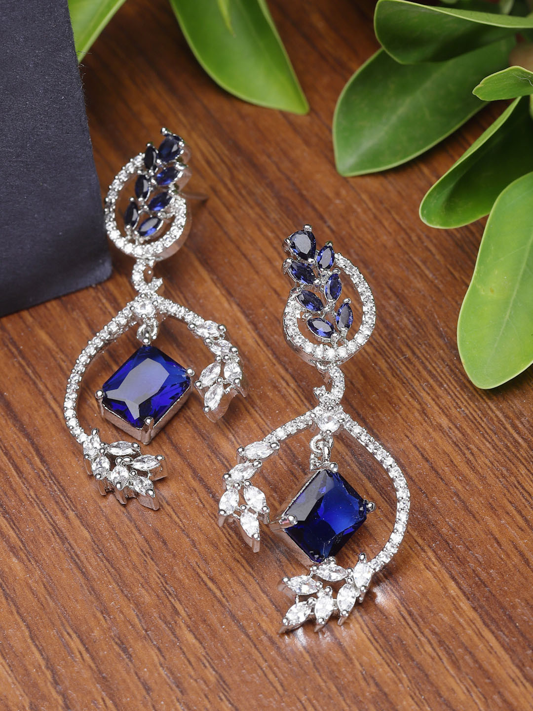 ZENEME Rhodium-Plated Blue American Diamond Studded Drop Earrings