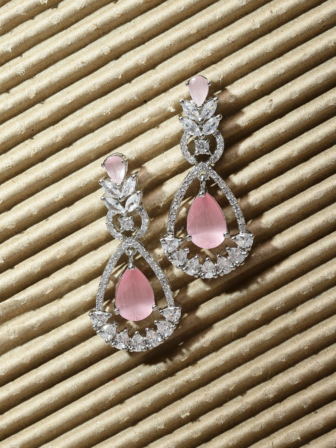 ZENEME Rhodium-Plated Pink American Diamond Studded Teardrop & Leaf Shaped Drop Earrings