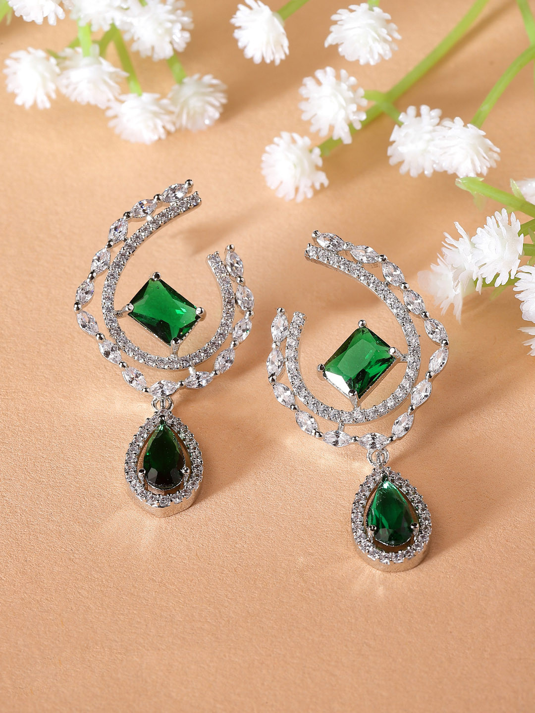 ZENEME Rhodium-Plated Emerald Green AD  Studded Drop Earrings