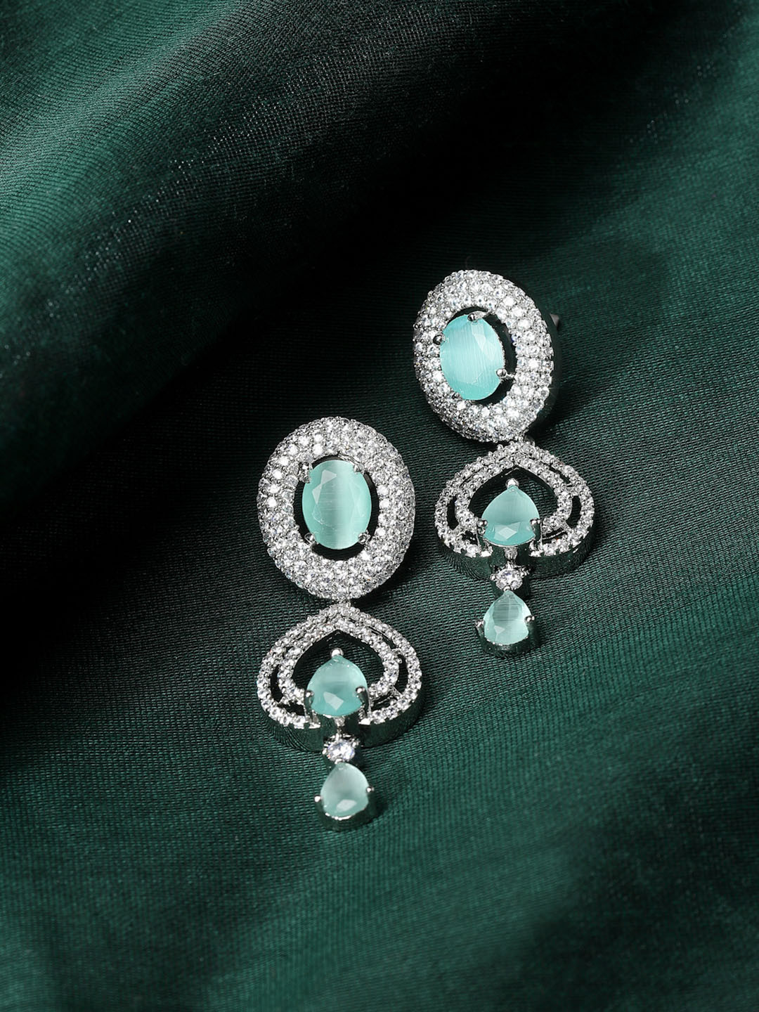 ZENEME Rhodium-Plated American Diamond Studded Sea Green Drop Earrings