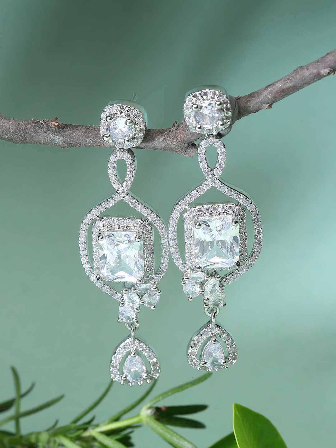 ZENEME Rhodium-Plated AD Studded Square Dangler Earrings