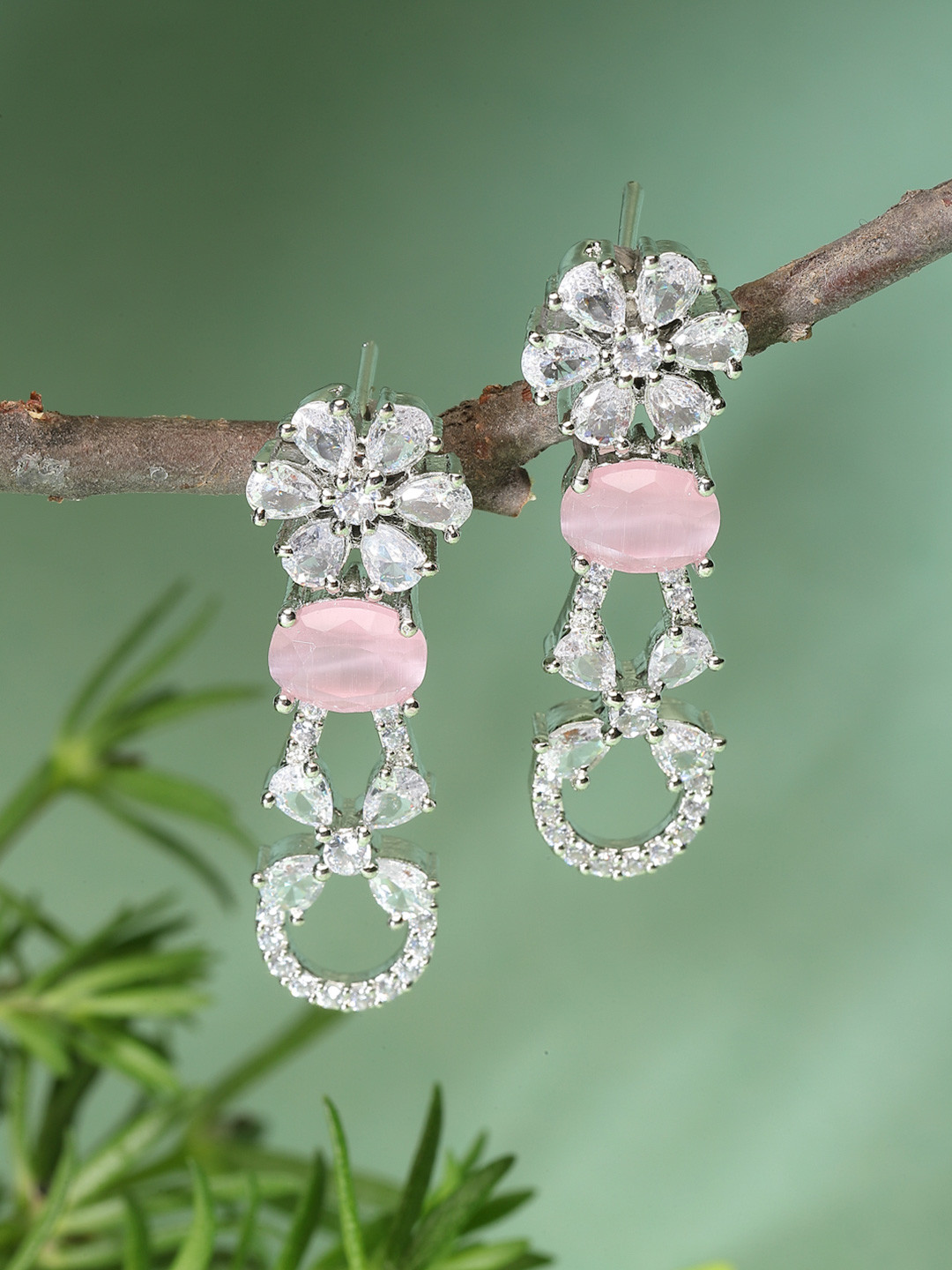 ZENEME Rhodium Plated Floral Shaped Pink American Diamond Studded Drop Earrings