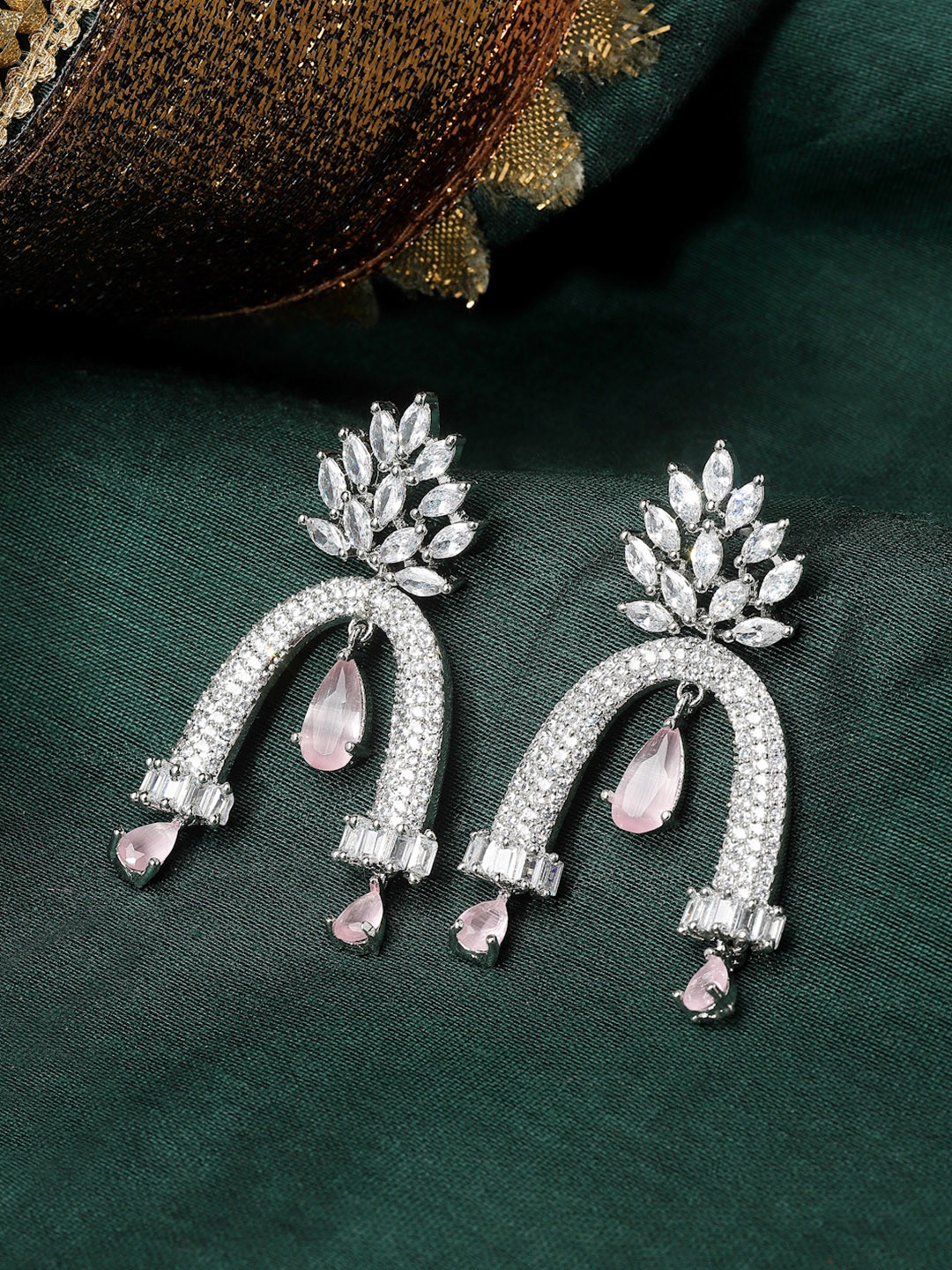 ZENEME Rhodium-Plated Pink American Diamond Studded Earrings