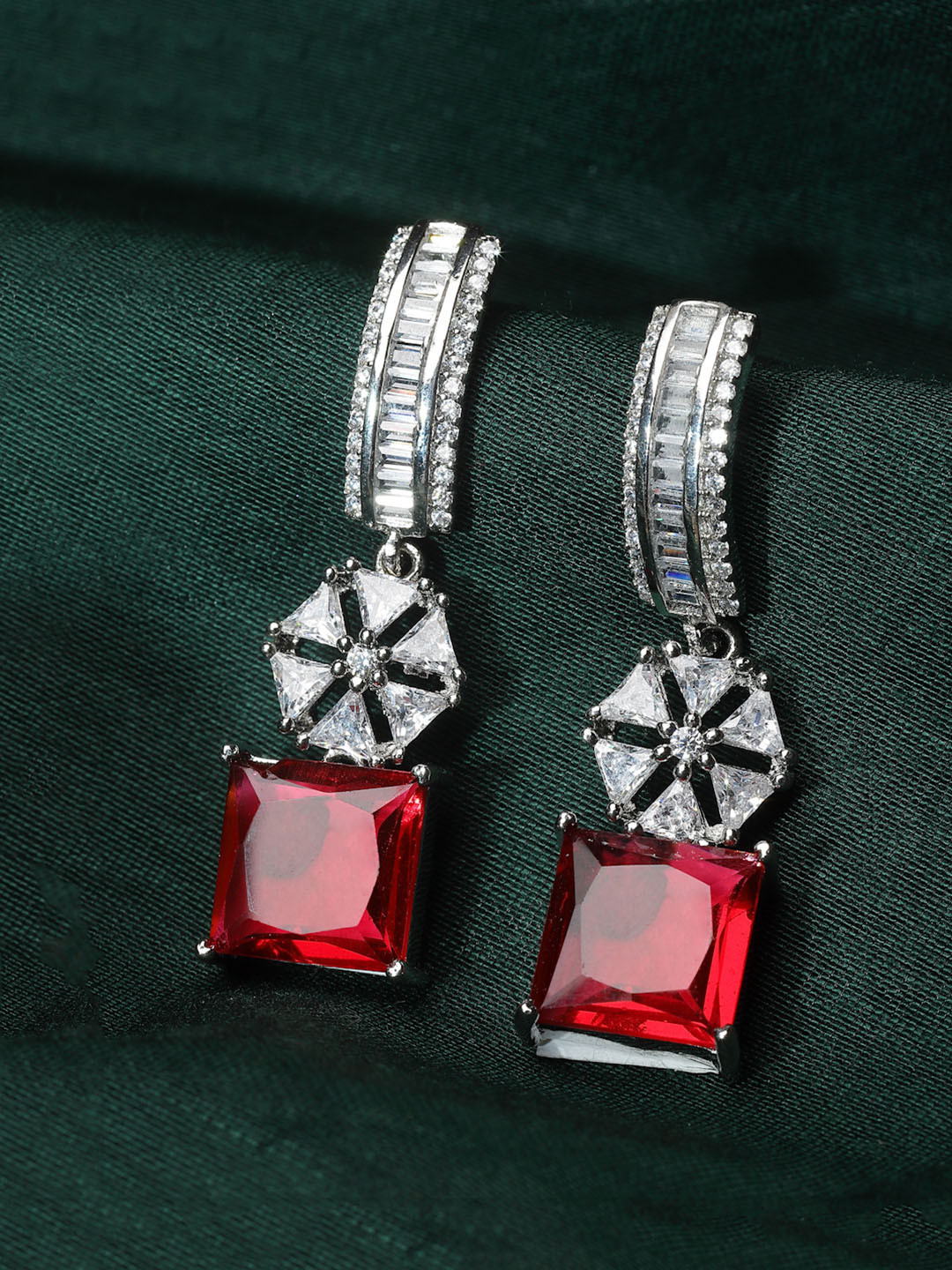 ZENEME Rhodium-Plated Red Square Drop Earrings