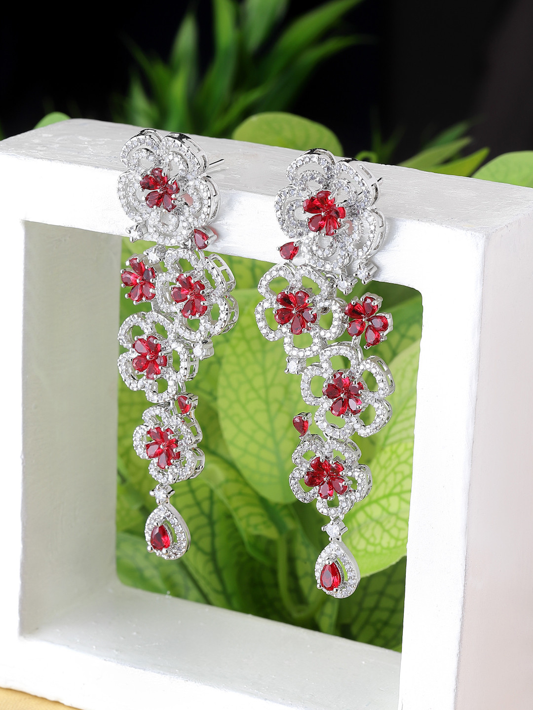ZENEME Floral American Diamond studded Dangler Earrings