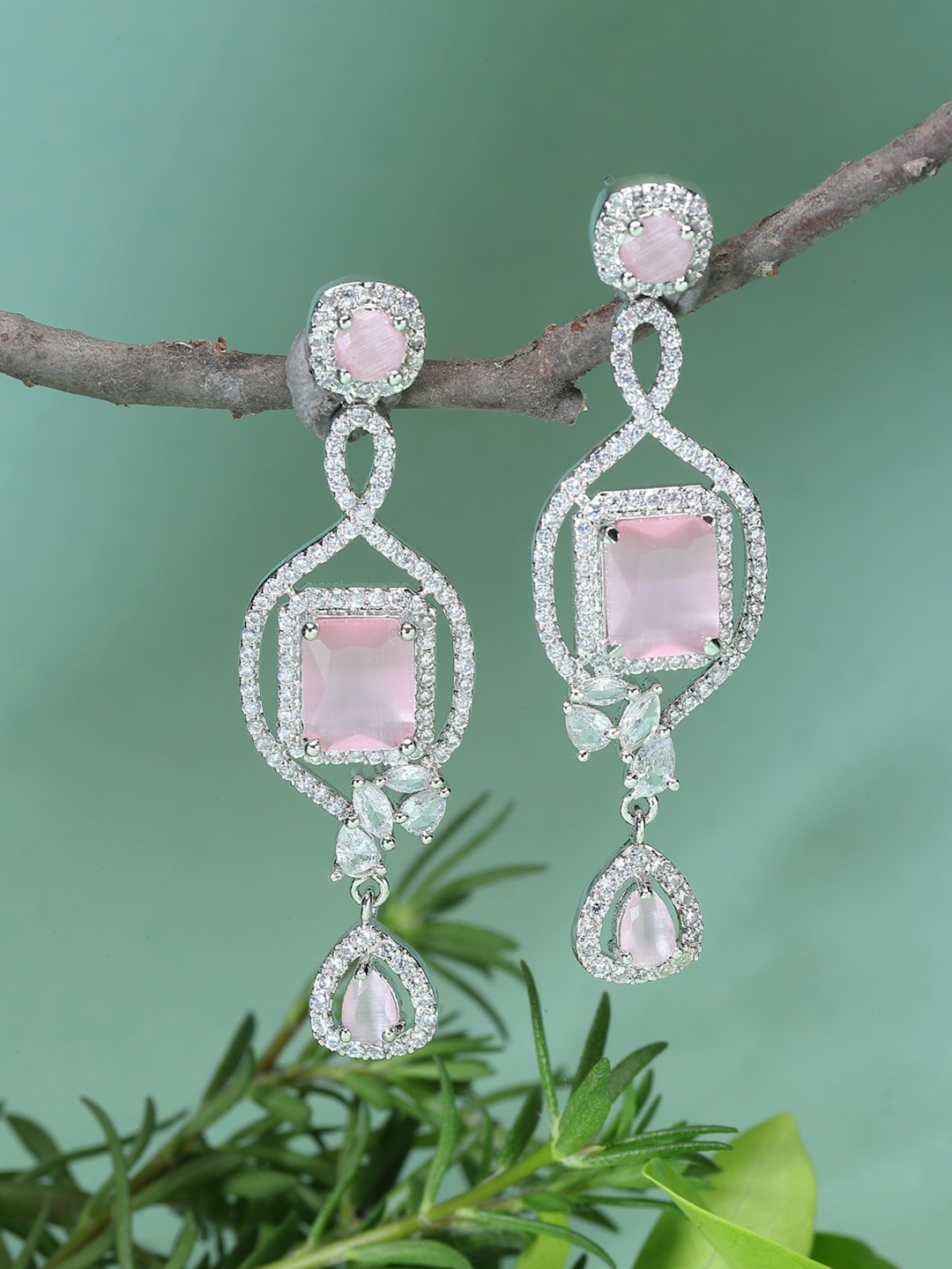 ZENEME Rhodium-Plated AD Studded Square Dangler Earrings