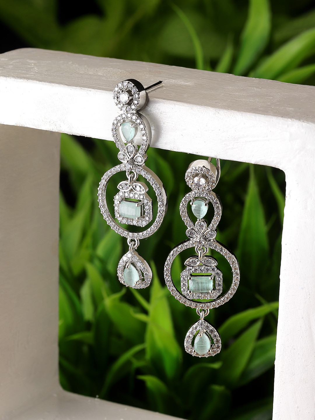 Rhodium-Plated Sea Green American Diamond Studded Earrings