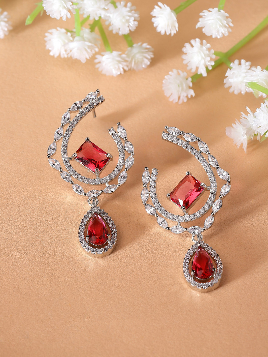 ZENEME Rhodium-Plated AD Studded Drop Earrings