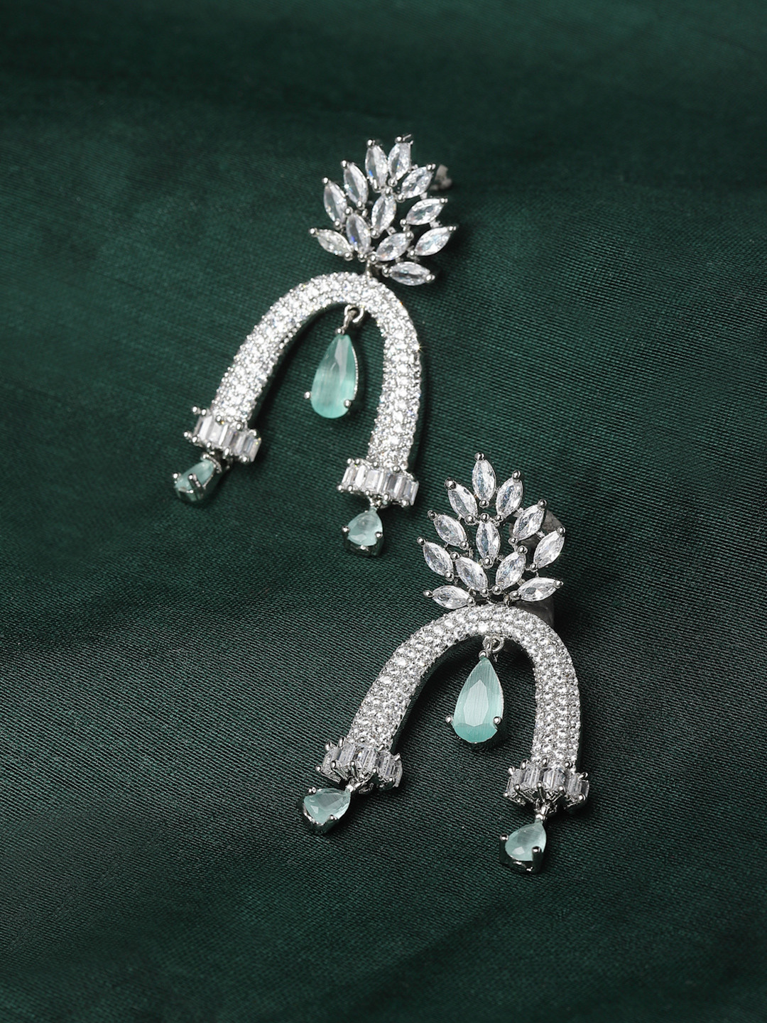 ZENEME Rhodium-Plated AD Studded Drop Earrings