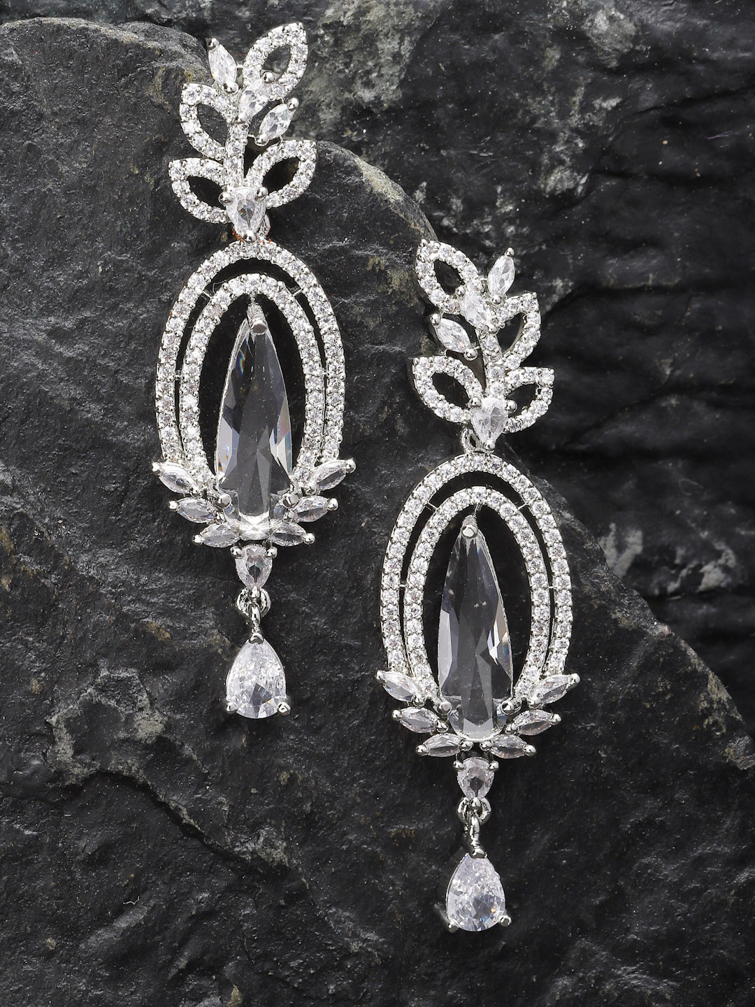ZENEMA Rhodium Plated Silver Toned Nature Inspired Long Teardrop AD Studed Dangler Earrings