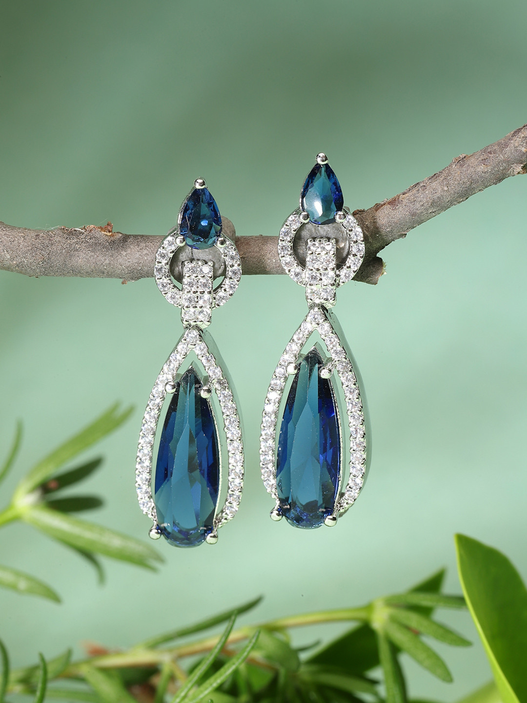 ZENEME Rhodium-Plated American Diamond Studded Navy Blue Teardrop Shaped Drop Earrings