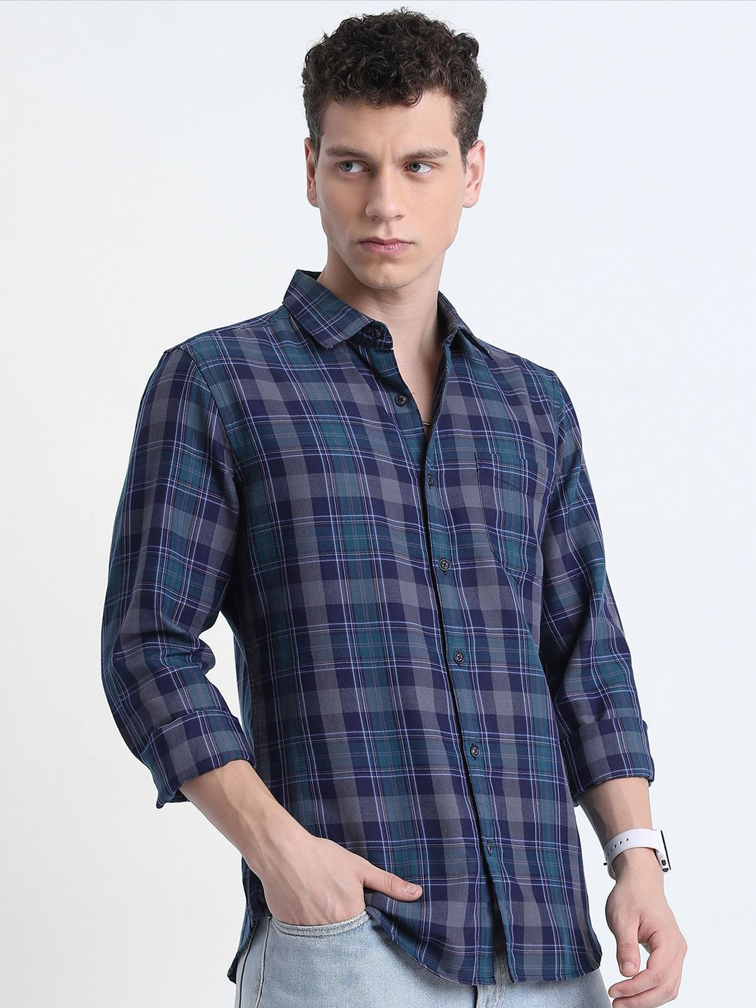 HIGHLANDER Green Slim Fit Tartan Checked Cotton Casual Shirt