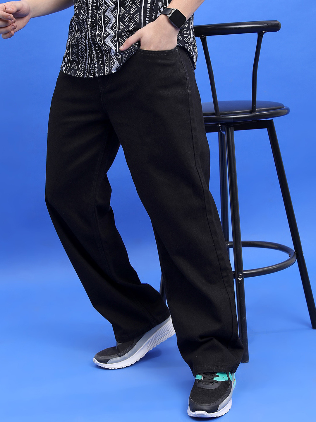 HIGHLANDER Men Black Wide Leg Clean Look Cotton Jeans