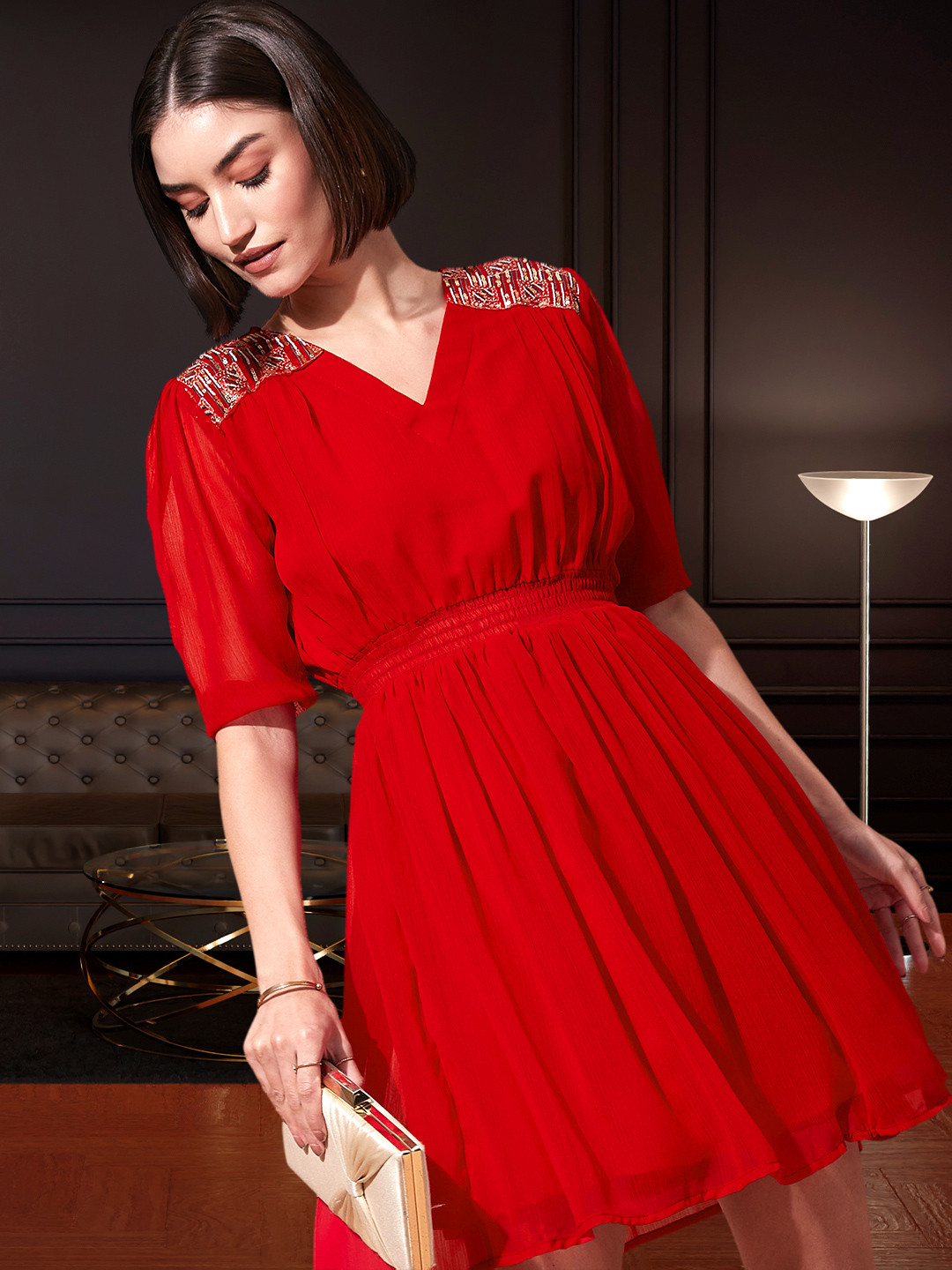 DressBerry Red Puffed Sleeves Sequined Georgette Fit & Flare Dress