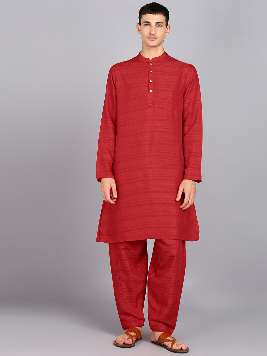HERE&NOW Red Striped Mandarin Collar Pure Silk Straight Kurta With Trousers