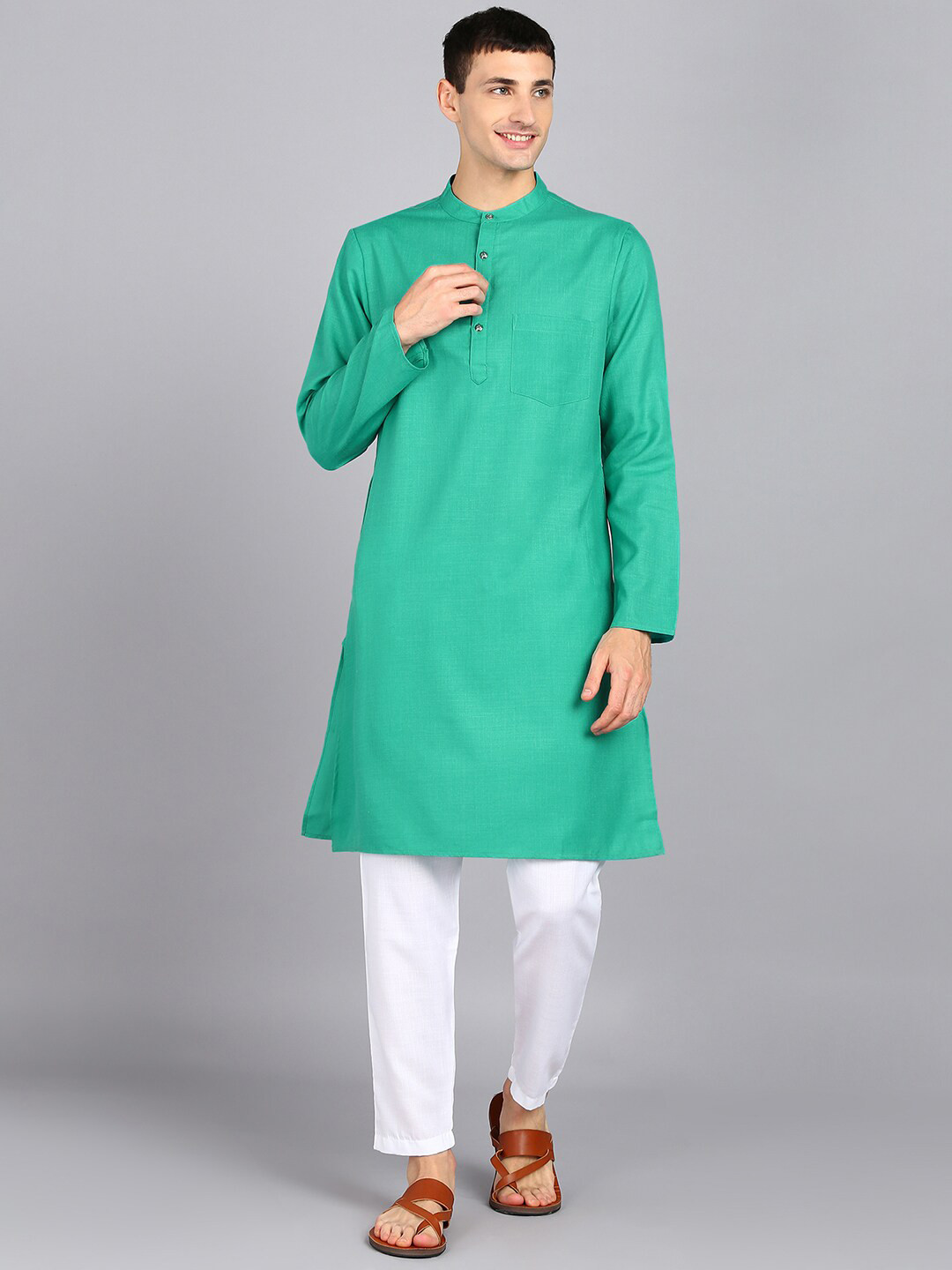 HERE&NOW Teal Green Mandarin Collar Straight Kurta With Trousers