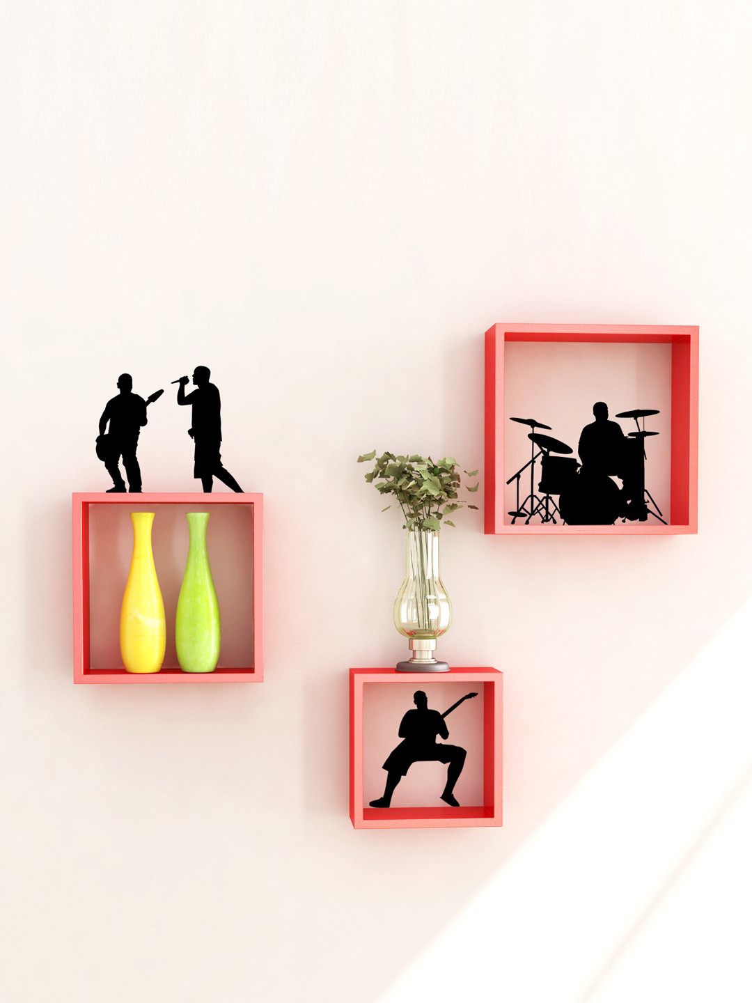 Home Sparkle 3 Pcs Red Wood Floating Wall Shelves