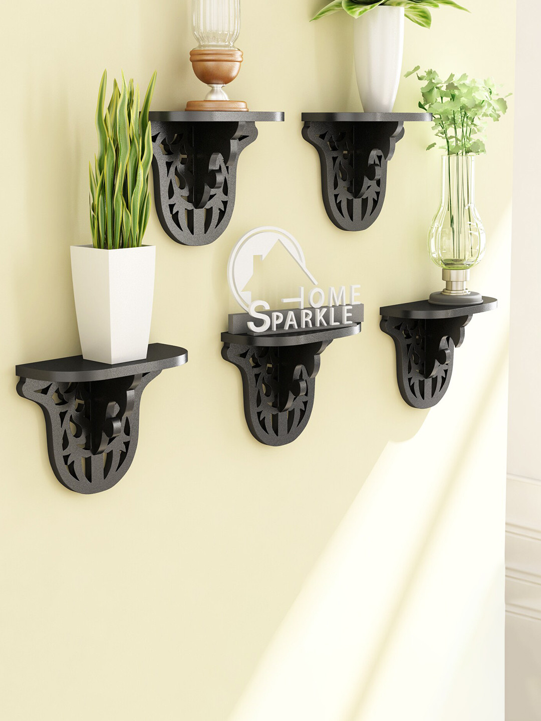 Home Sparkle Black 5-Pieces Wood Floating Wall Shelves